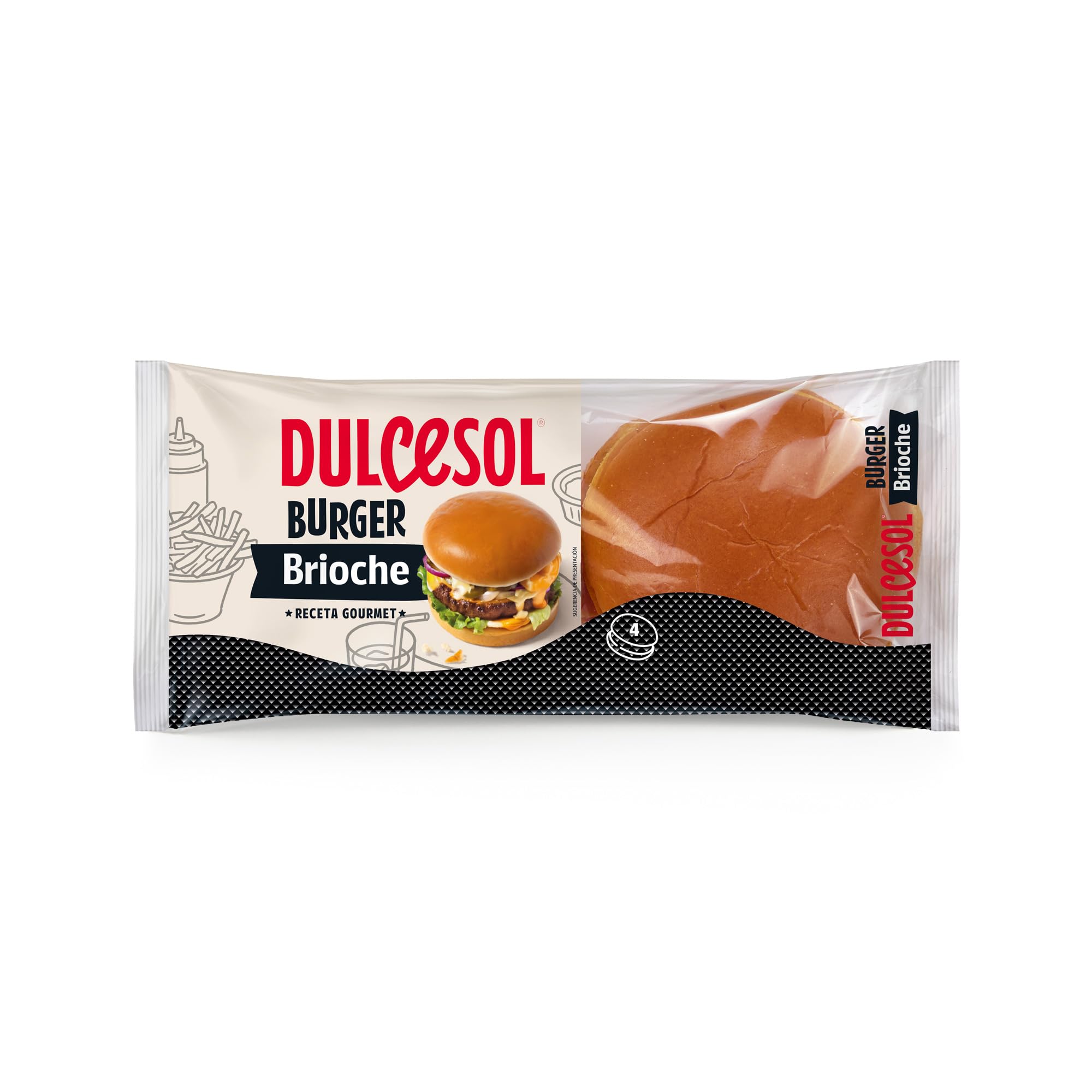 Dulcesol - Burger Brioche - Pan de Hamburguesa Gourmet de Textura Tierna y Sabor Dulce, Pack de 4 Unidades - Bolsa 340 g