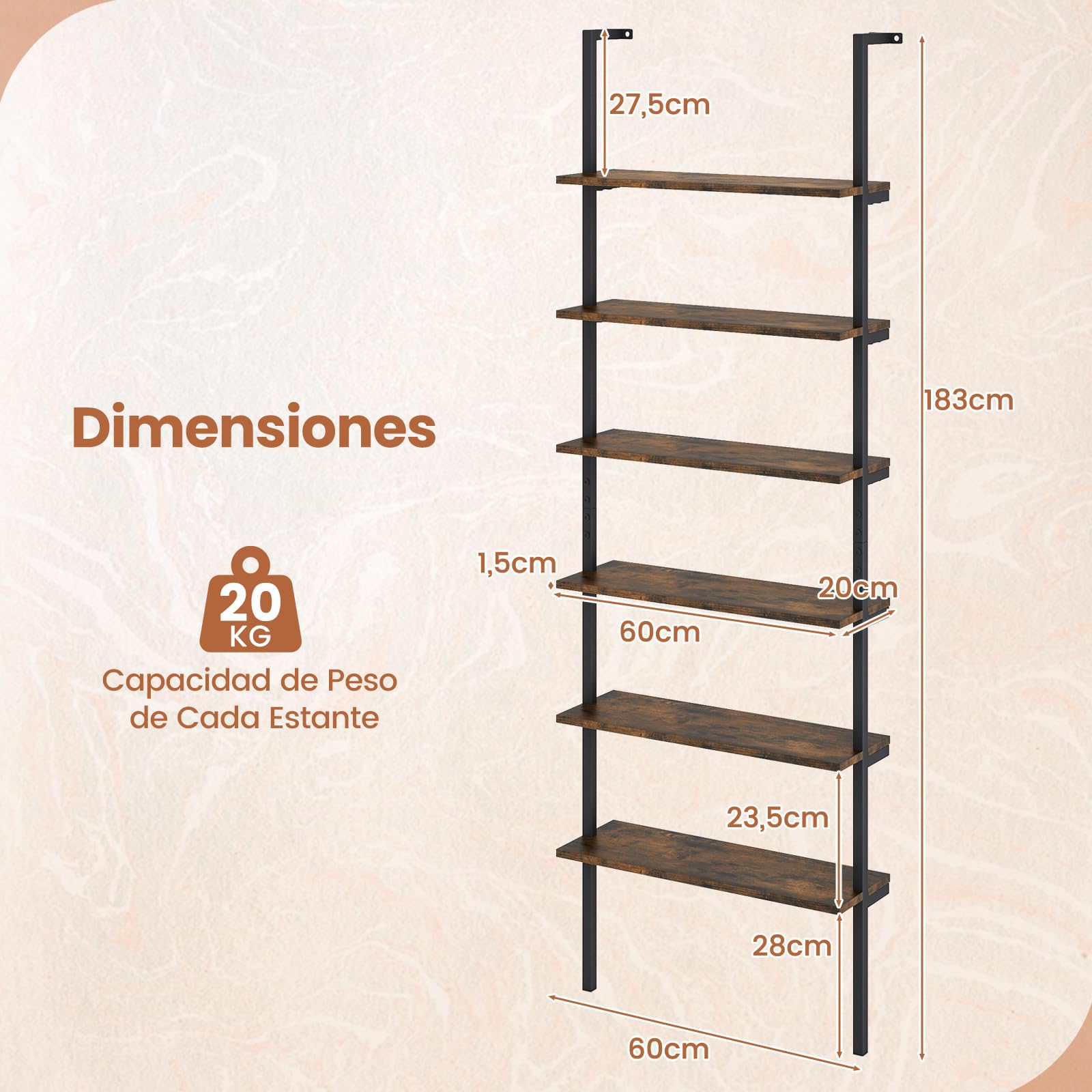 COSTWAY 6 Niveles Estantería Escalera, Estantería Librería de Pared con Estructura Metálica, Estantería Industrial de Madera para Oficina, Sala de Estar, Dormitorio, 60 x 20 x 183 cm (Marrón)