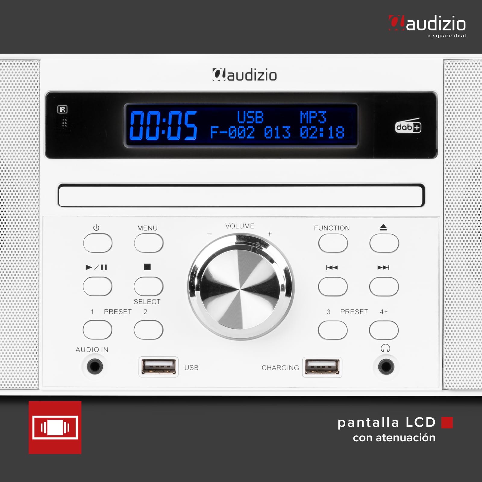 Audizio Prato Sistema Musical Todo-en-uno. Radio FM y Dab+, Bluetooth 4.0, USB, Reproductor de CD, Reloj, Alarma, Display con dimmer, presets de Sonido, Salida de Auriculares - Color Blanco