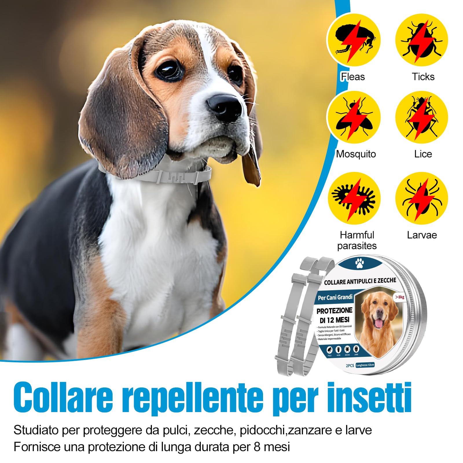2 Pezzi Antiparassitario Per Cani,Collare Antipulci per Cane,Realizzato Con Oli Essenziali Naturali, Sicuro ed Efficace, Universale per Cani e Gatti,Protegge per 12 Mesi (cani di grossa taglia)