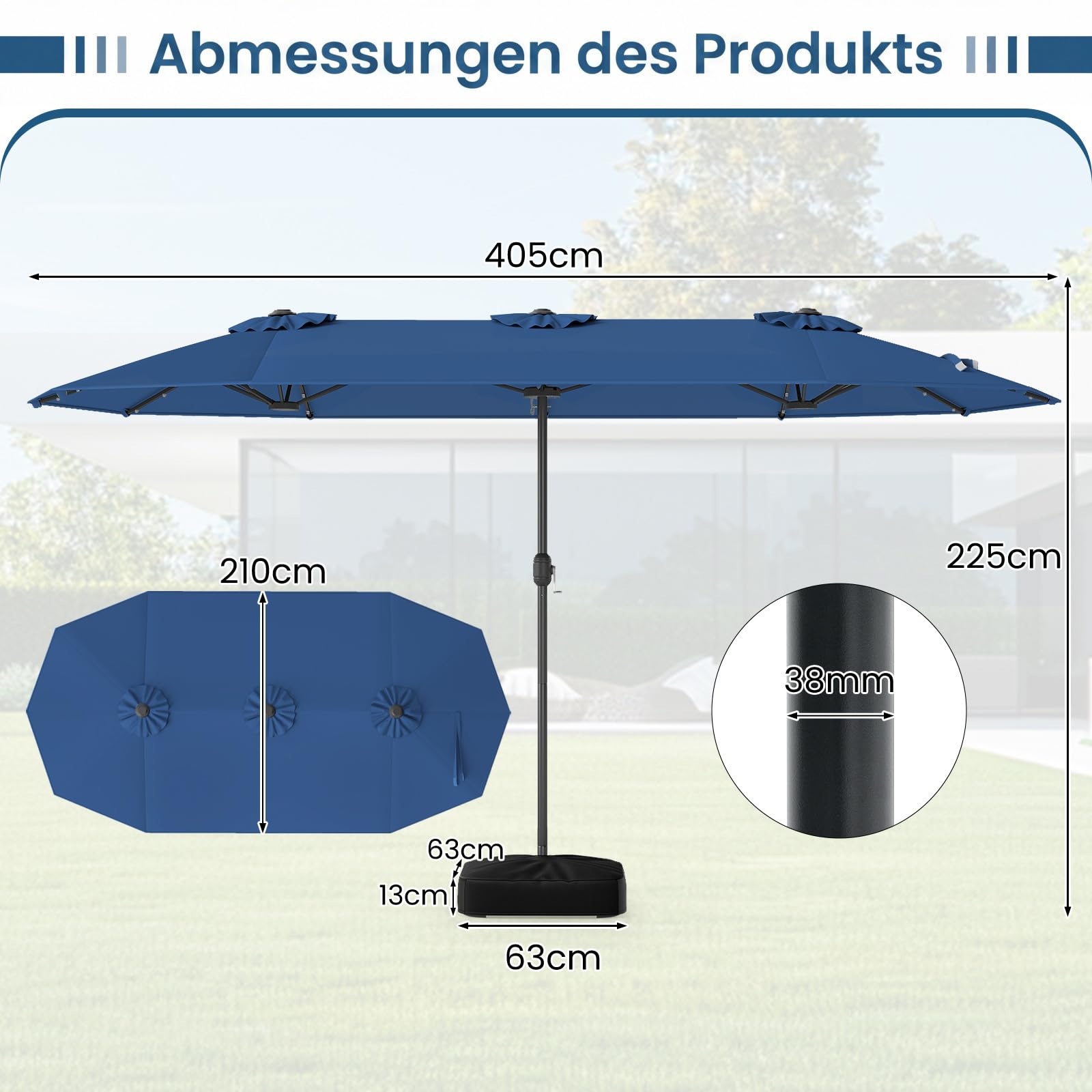 COSTWAY Podwójny parasol przeciwsłoneczny ze stojakiem i diodami LED, 400 x 200 cm, duży parasol przeciwsłoneczny, XXL, UPF 50+, parasol ogrodowy z korbą, parasol tarasowy, do ogrodu, na taras i basen