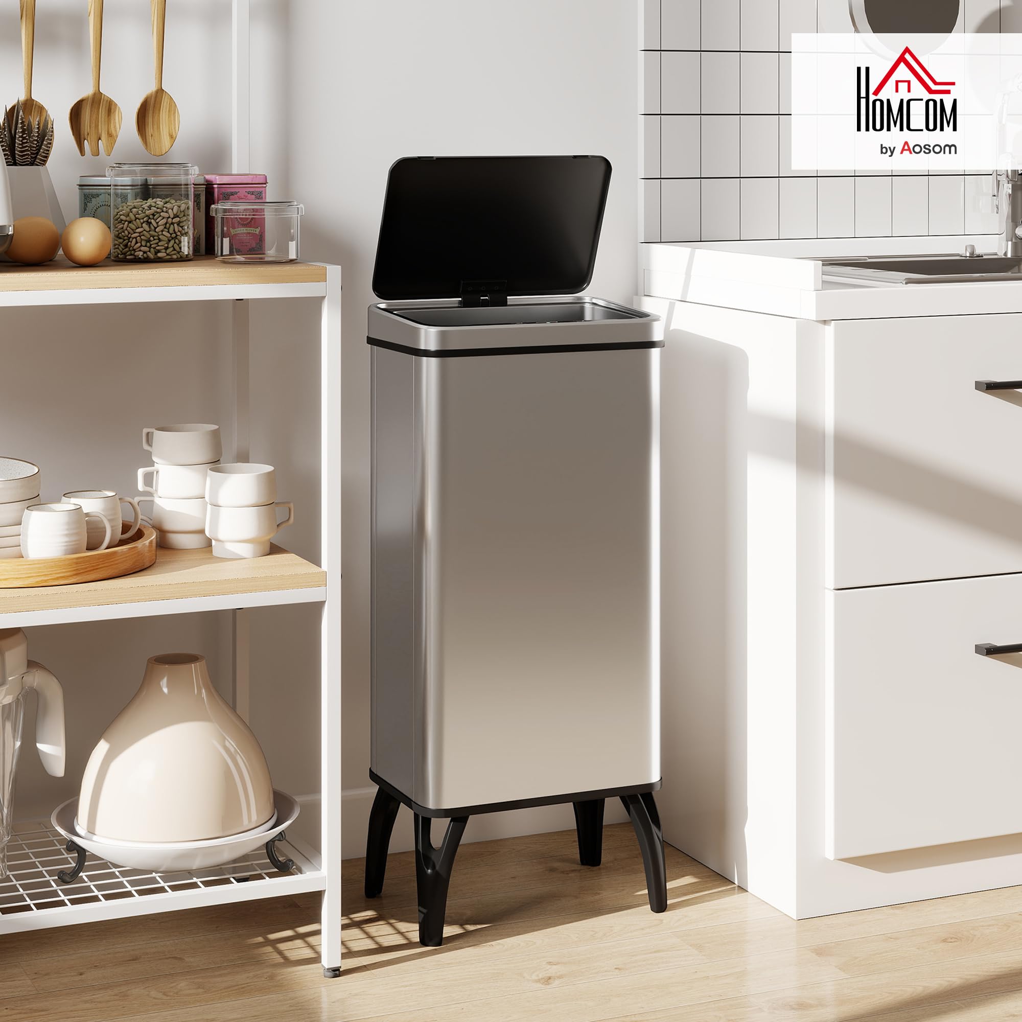 HOMCOM Cubo de Basura Cocina Automático 50 L con Sensor Infrarrojo Plata | Papelera de Cocina de Acero Inoxidable, Cierre Suave, Patas, Anillo de Retención, Antihuellas, para Oficina, Hogar
