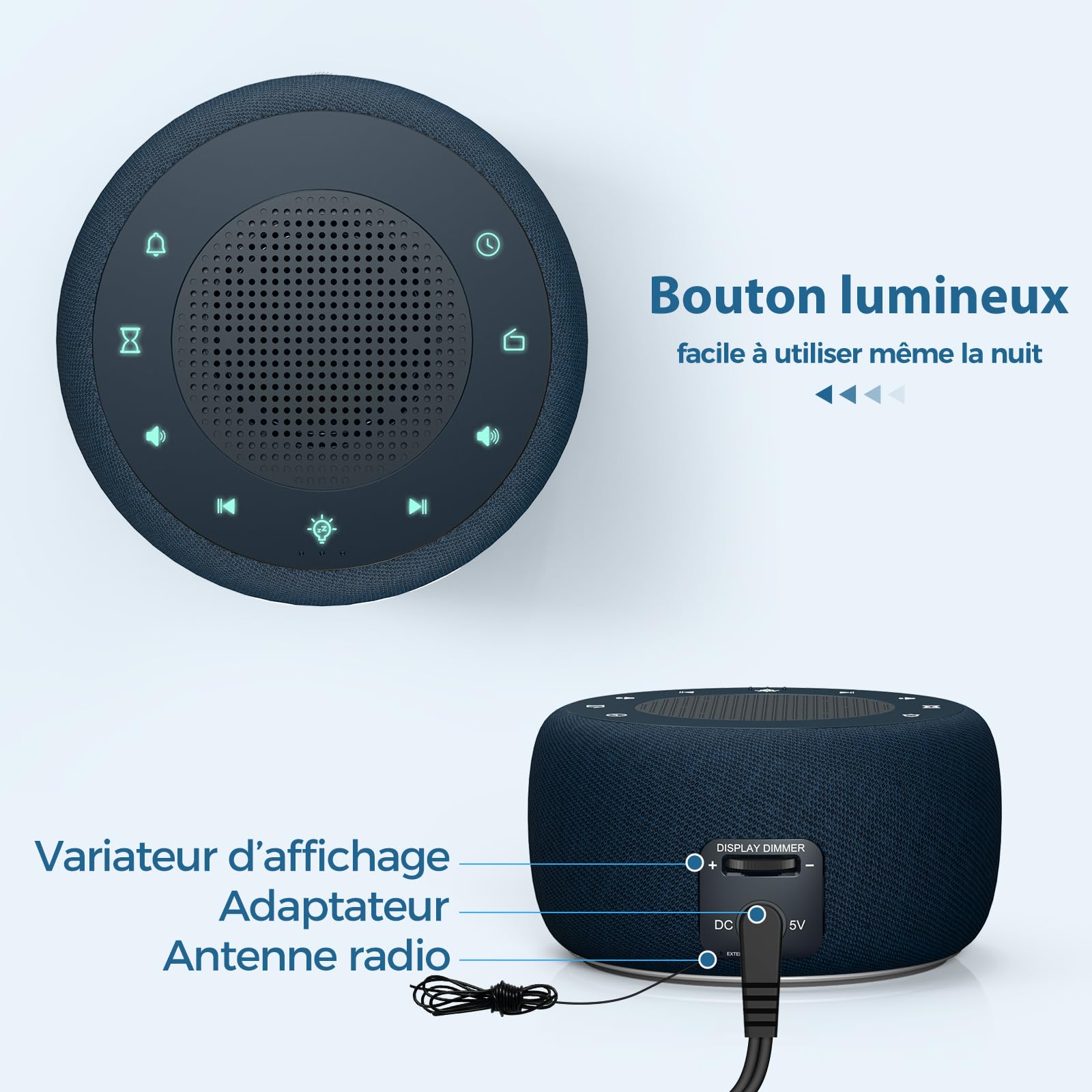 BUFFBEE Radio-réveil pour la Chambre - Son de Haute qualité pour la Radio, veilleuse 7 Couleurs, Affichage Complet avec variateur d'intensité pour la Table de Nuit (Bleu Marine)