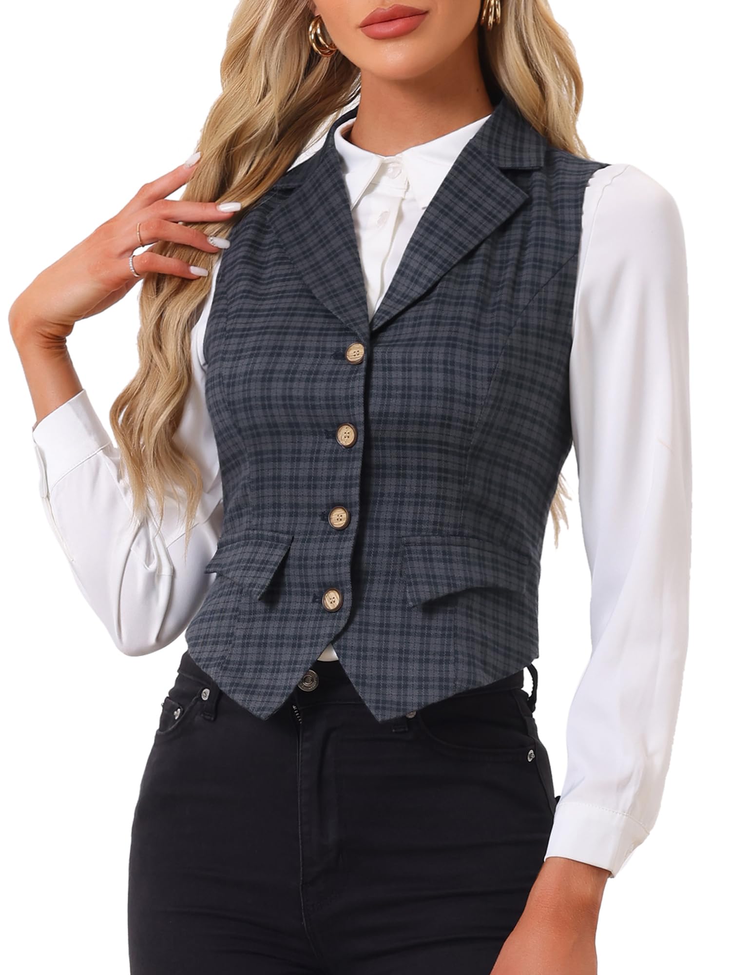 Allegra K Chaleco a Cuadros para Mujer, Cuello de Solapa con Muescas, Blazer sin Mangas Vintage de Botonadura Sencilla