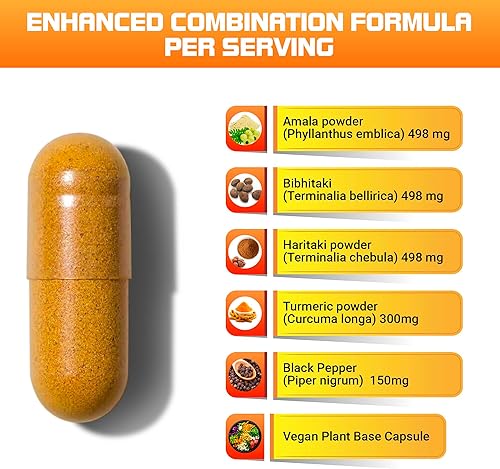 Miniatura 3 de Curcumina de cúrcuma Triphala 1950 mg con pimienta negra, 100 cápsulas veganas, suplemento dietético digesto y desintoxicante