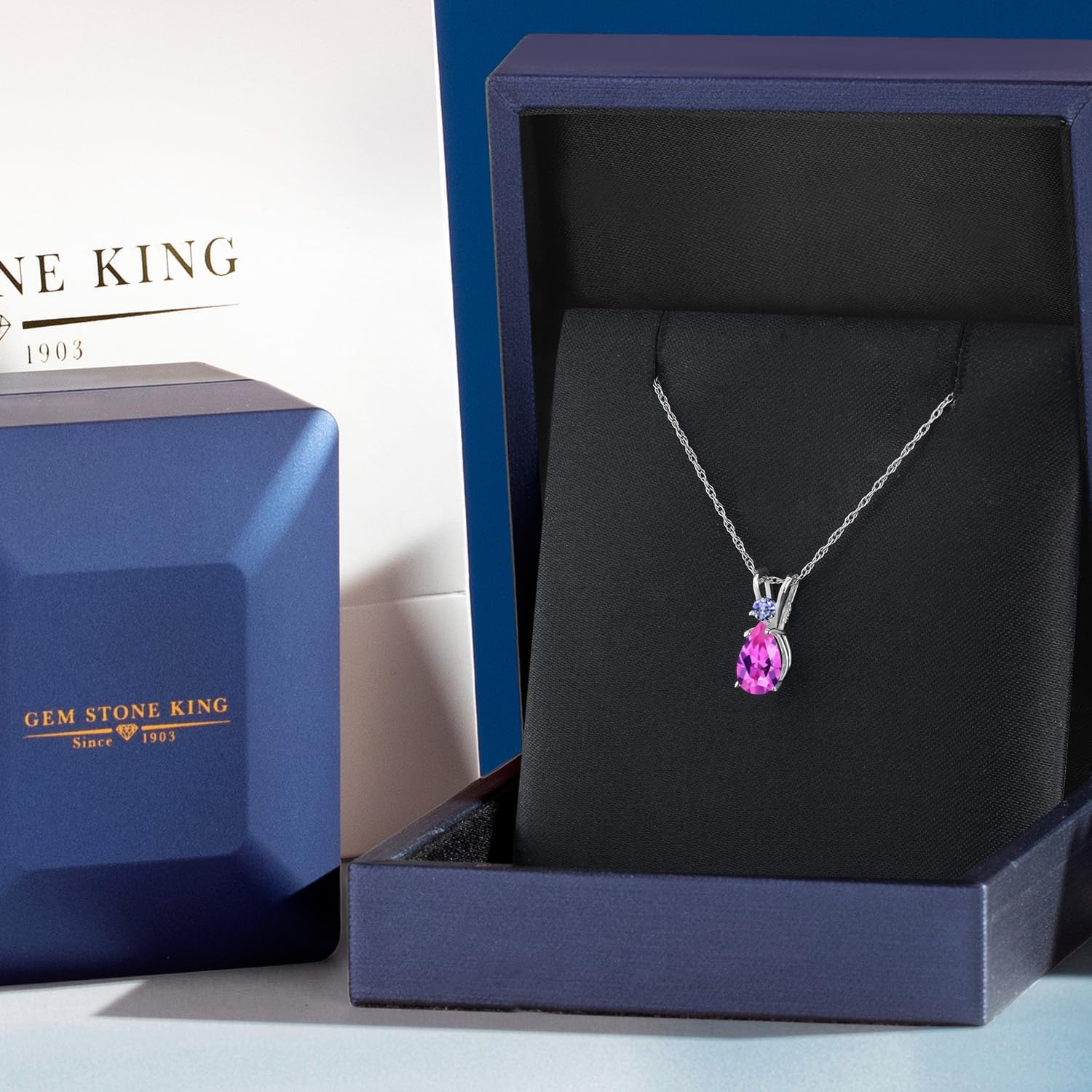 Gem Stone King 14K White Gold Pink Created Sapphire and Blue Tanzanite Pendant Necklace for Women | 1.04 Cttw | Gemstone September Birthstone | Pear Shape 7X5MM | With 18 Inch Chain - Image 5