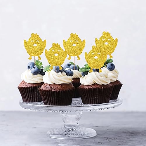 Miniatura 5 de Juego de 24 adornos para cupcakes de pollo para cumpleaños temáticos de granja, decoración de cupcakes con purpurina dorada, decoraciones de