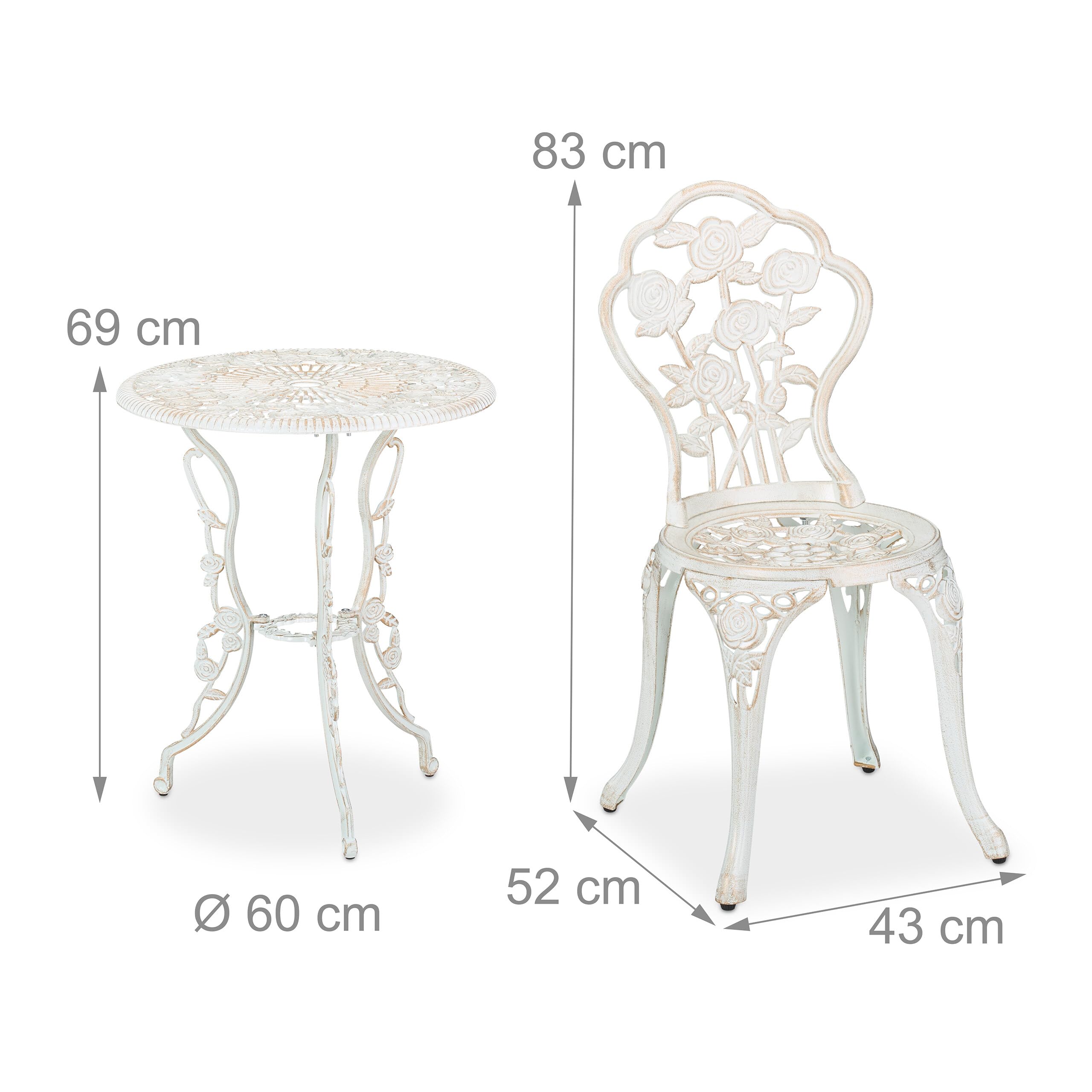 Relaxdays Set da Bistrot da 3, Tavolino da Giardino, 2 Sedie, Balcone, Stile Ferro Battuto, in Alluminio, Bianco Bronzo