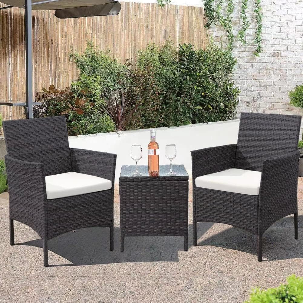 BAKAJI Set Salotto in Rattan con Tavolino in Vetro Temperato, 2 Poltrone e Cuscini Comfort Morbidi Beige, Arredo Terrazzo, Giardino, Esterni, Resistente Intemperie Raggi UV (Grigio Scuro)