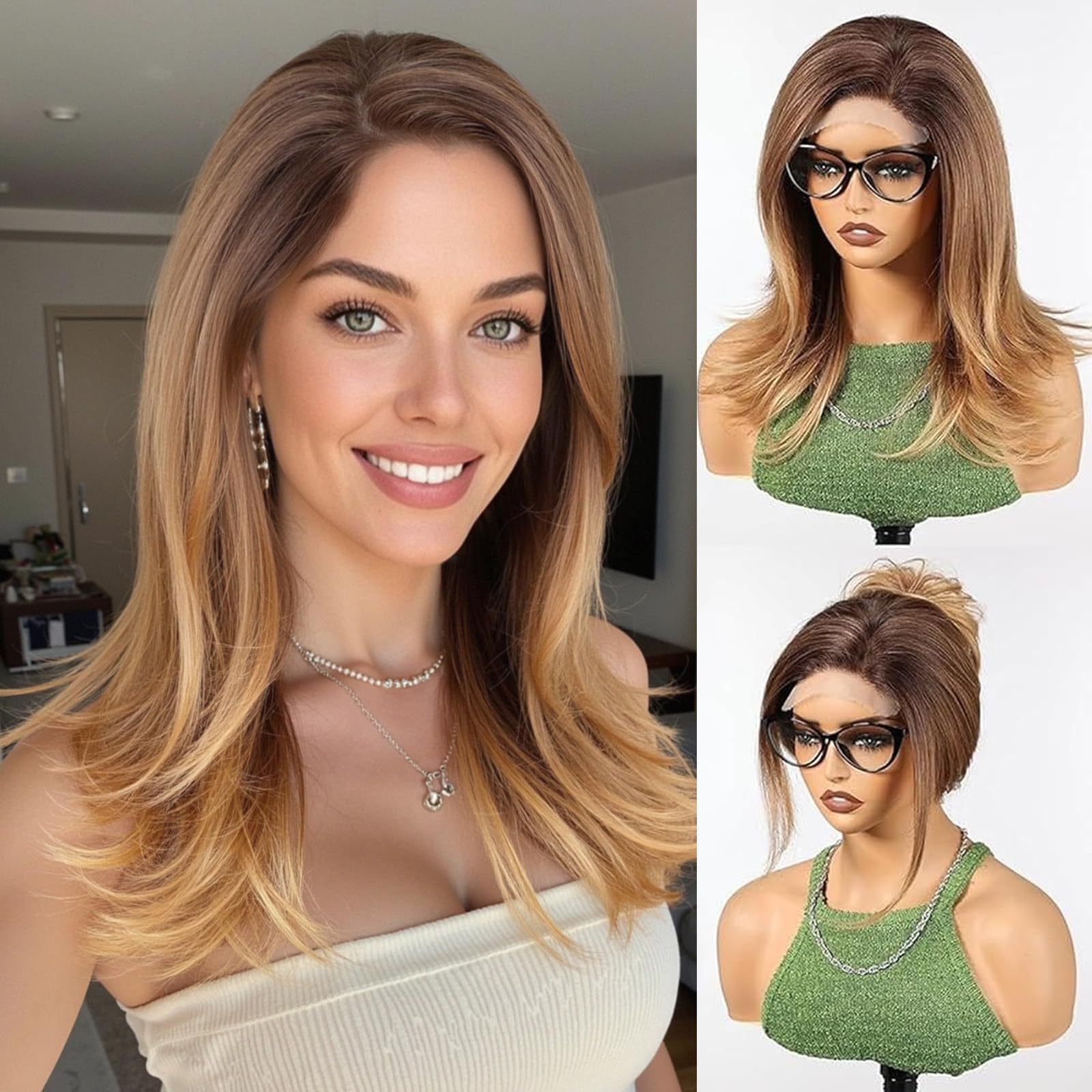 HAIRCUBE Lace Front Wig for Women Wavy Wigs with Partial Fringe Heat Resistant Fibre Synthetic Lace Front Wig Golden Brown Color