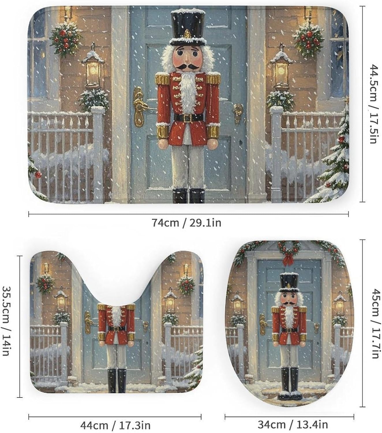 Vintage Nutcracker Shower Curtain Set 4 Piece, Non-Slip Bath Mat with Toilet Lid Cover and Waterproof Shower Curtain with 12 Hooks, Complete Bathroom Set for Home Decor