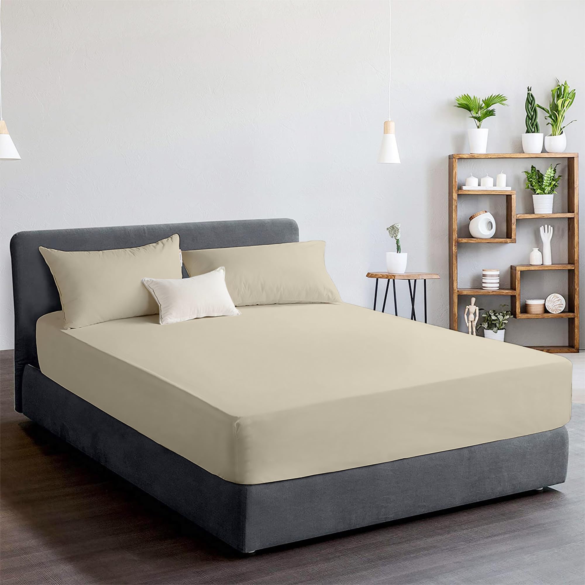 Ray Bedding Natural Fitted Sheet, 25Cm Deep 400 Thread Count Hotel Quality 100% Egyptian Cotton Fitted Sheet Single Double Queen King Super King (, Single)