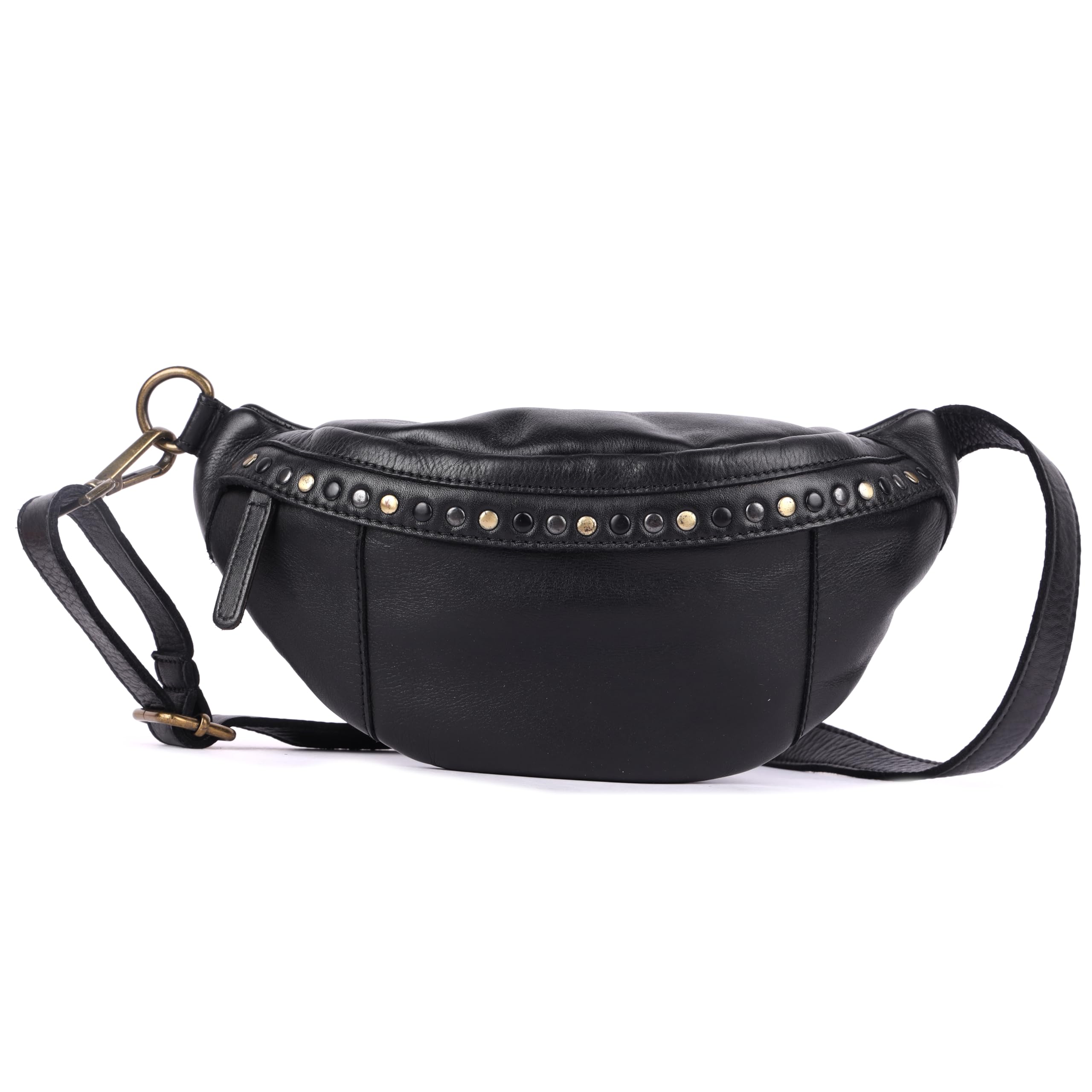 Vilenca Holland Genuine Italian Leather Boho Studded Waist Bag – Stylish & Durable Unisex Travel Fanny Pack for Essentials (Black)