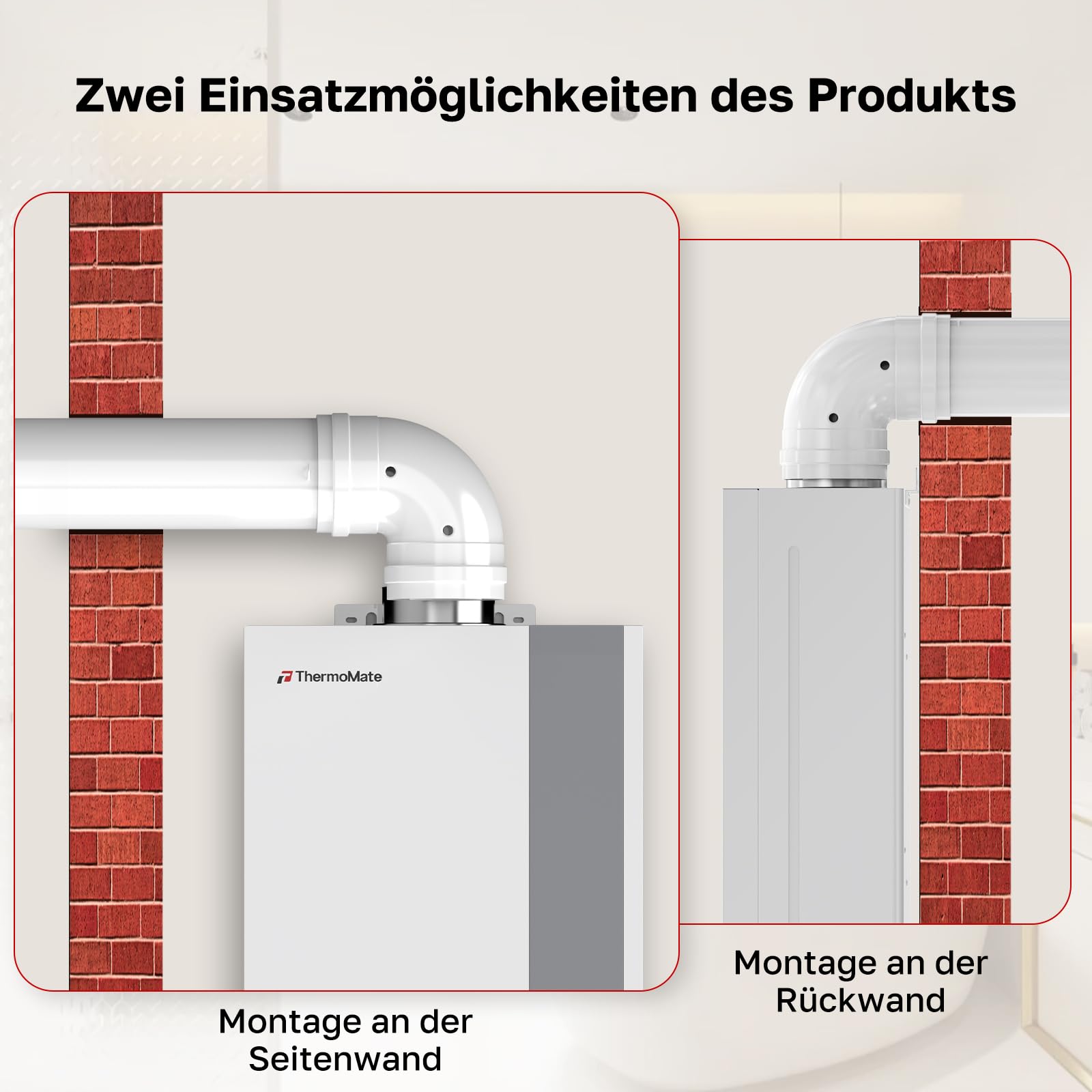 ThermoMate Horizontales Konzentrisches Zuluft-/Abgasrohr-Set für innenbereich Gas-Durchlauferhitzer - 60/100mm x 930mm (mit 90° Bogen)
