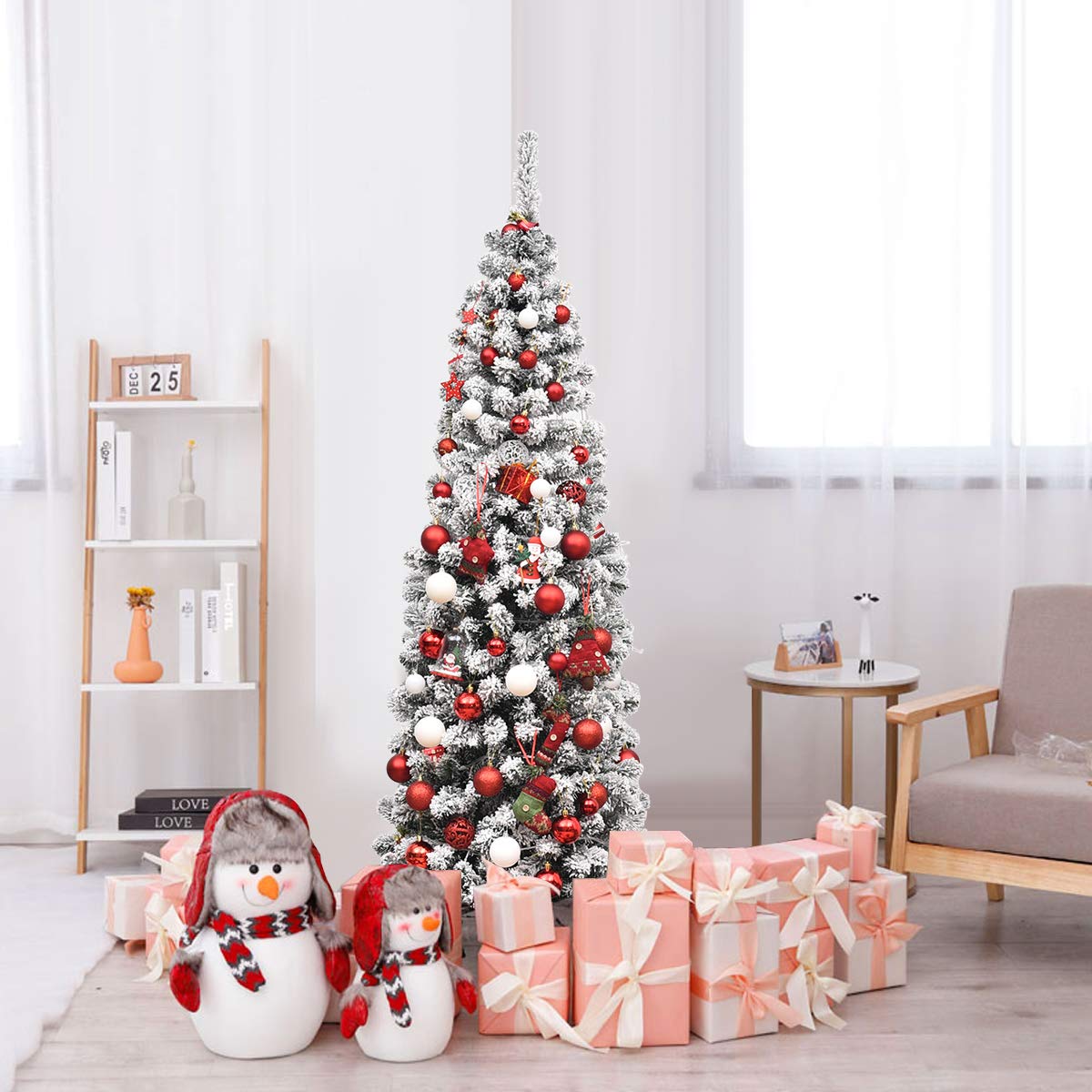 COSTWAY Albero di Natale Slim 135/180/225 cm, Albero di Natale Innevato con 150/250/350 Luci LED, 242/500/641 Rami e Base di Metallo, Decorazione Natalizia per Casa e Negozio (180 CM)