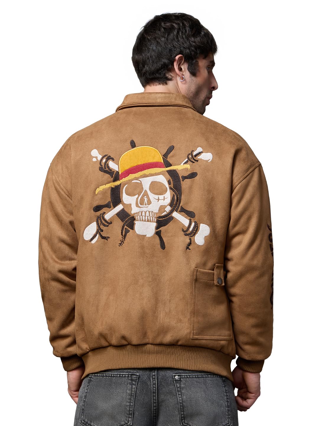 One Piece: Ribs Out Men and Boys Full Sleeves Spread Collar Brown Graphic Printed Polyester Oversized Fit Bold Embroidery Winter Bomber Jacket-image-10
