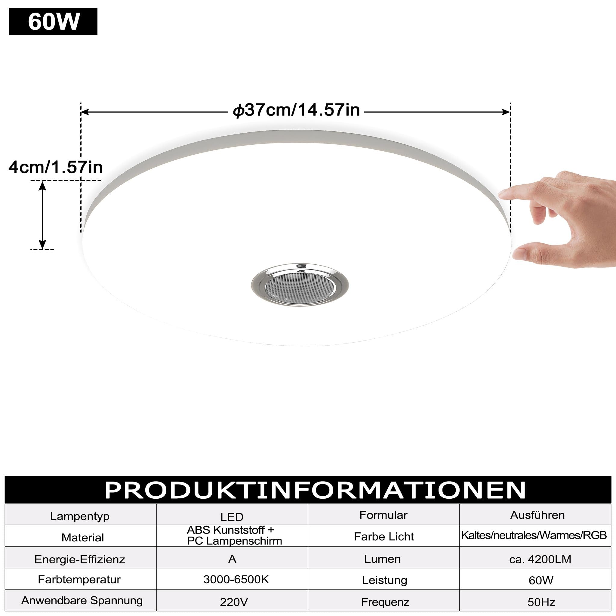 YRHome Lampada da soffitto a LED RGB ultra sottile, dimmerabile, con altoparlante Bluetooth, telecomando, lampada da soffitto, rotonda, con riproduzione musicale, per soggiorno, camera da letto, 60 W