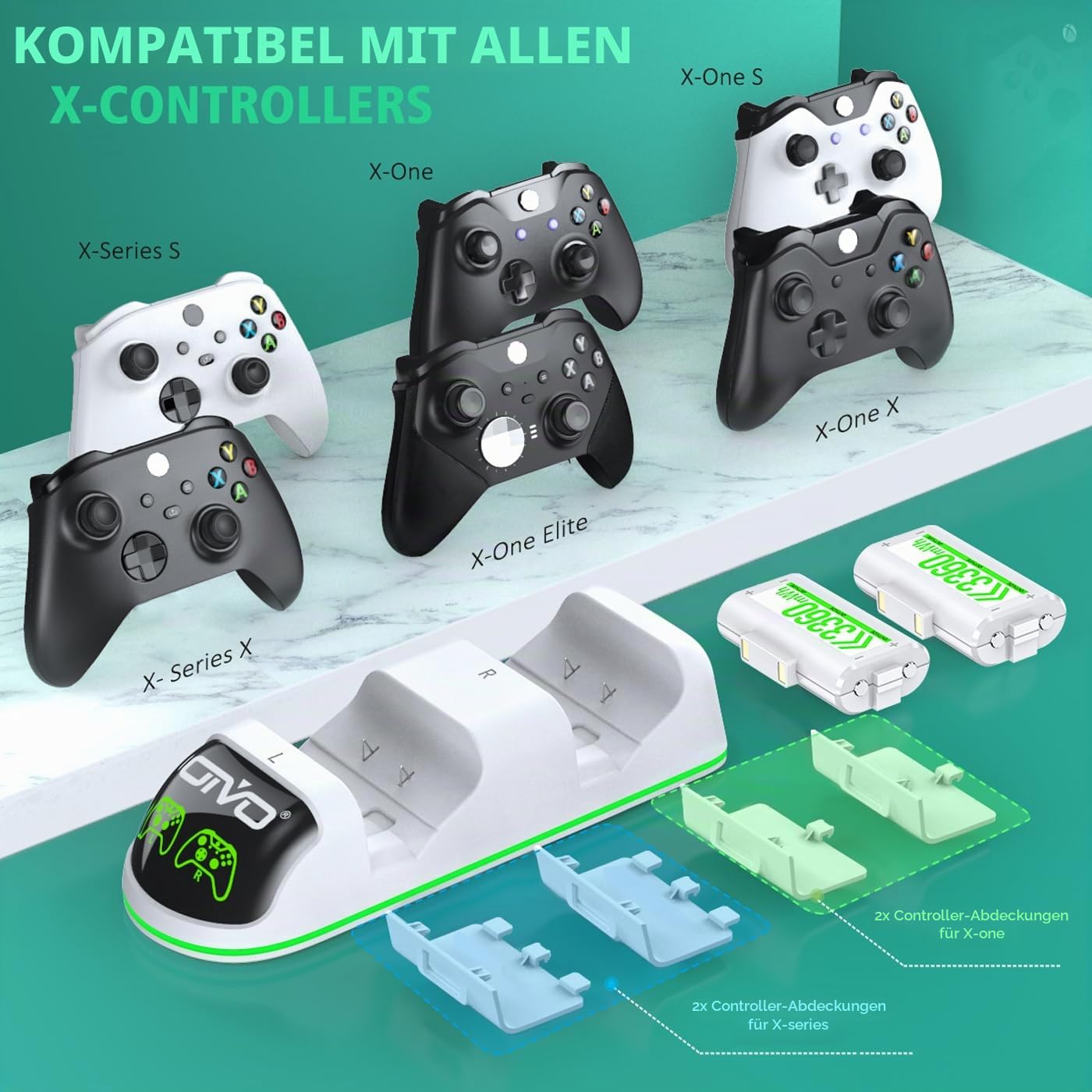 OIVO Ladegerät mit 2 wiederaufladbaren Akkus für Xbox One/Xbox Series X/S Controller, Ladestation mit 2 x 4320 mWh wiederaufladbaren Akkus – Weiß