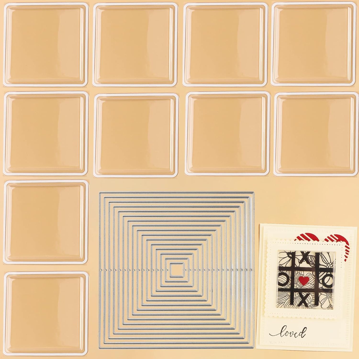 Otcraft 27Pcs/Set (P) /Set 10 Pcs 3D Dimensional Shaker Domes With 17Pcs/Set Square Metal Dies For Card Making Peel-Away Adhesive Circle Clear Plastic Dimensional Domes For Shaker Card Making Handmade Crafts