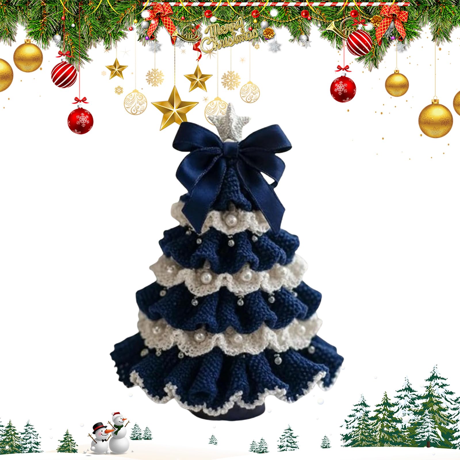 Peamoo Blue Diy Crochet Christmas Tree Kit,Handcraft Holiday Decoration Set,Beginner Crochet Diy Christmas Tree Kit, Trees Bow Pearl Embellishment,Holiday Ornament Decor,Xmas Party Decorations (Blue)