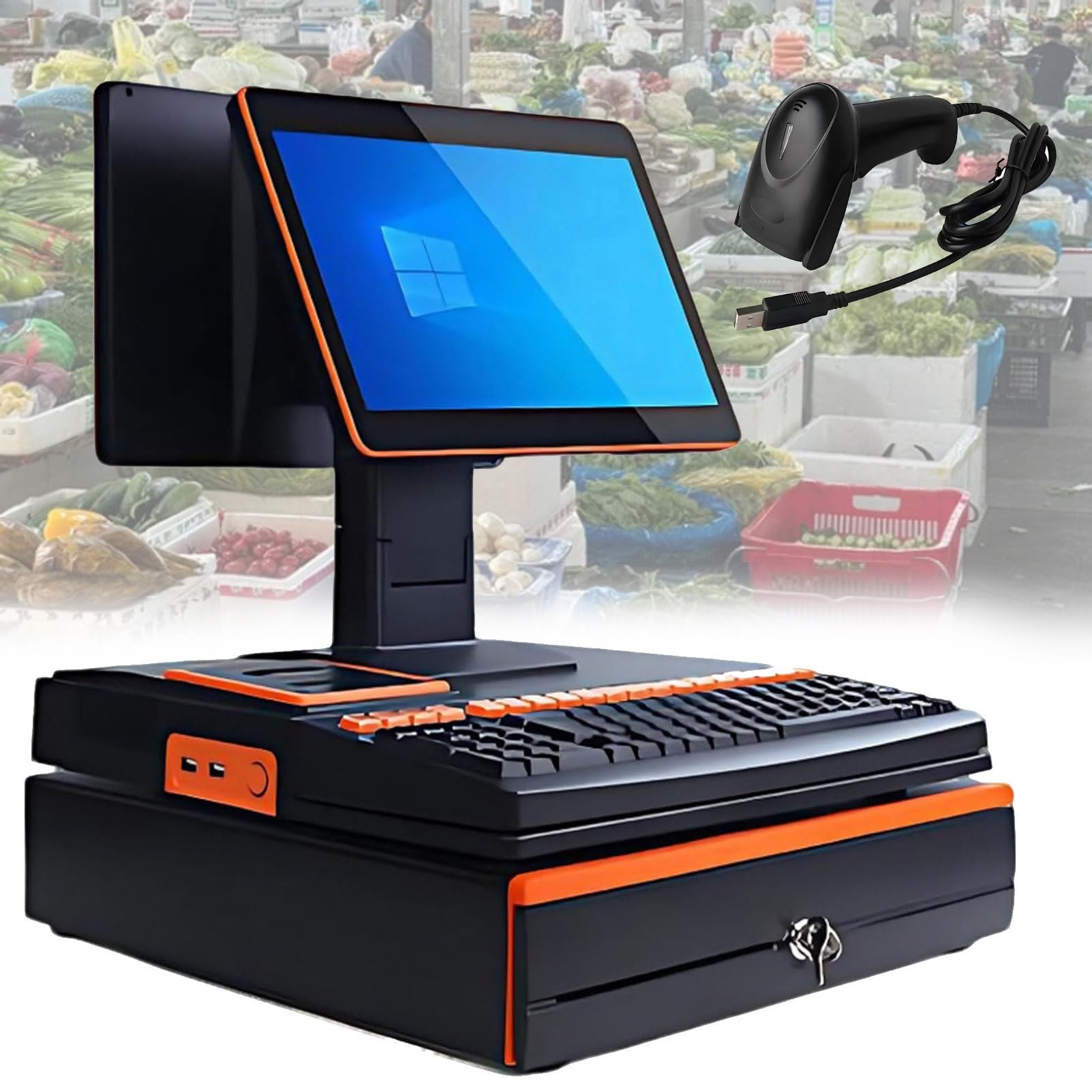 Pvxa Orange All-In-One Pos Cash Register System, All-In-One Cash Register With 15.6" Touch Screen Monitor, Led Touch Screen, 101 Keys Keyboard, Handheld Scanner Dualscreen