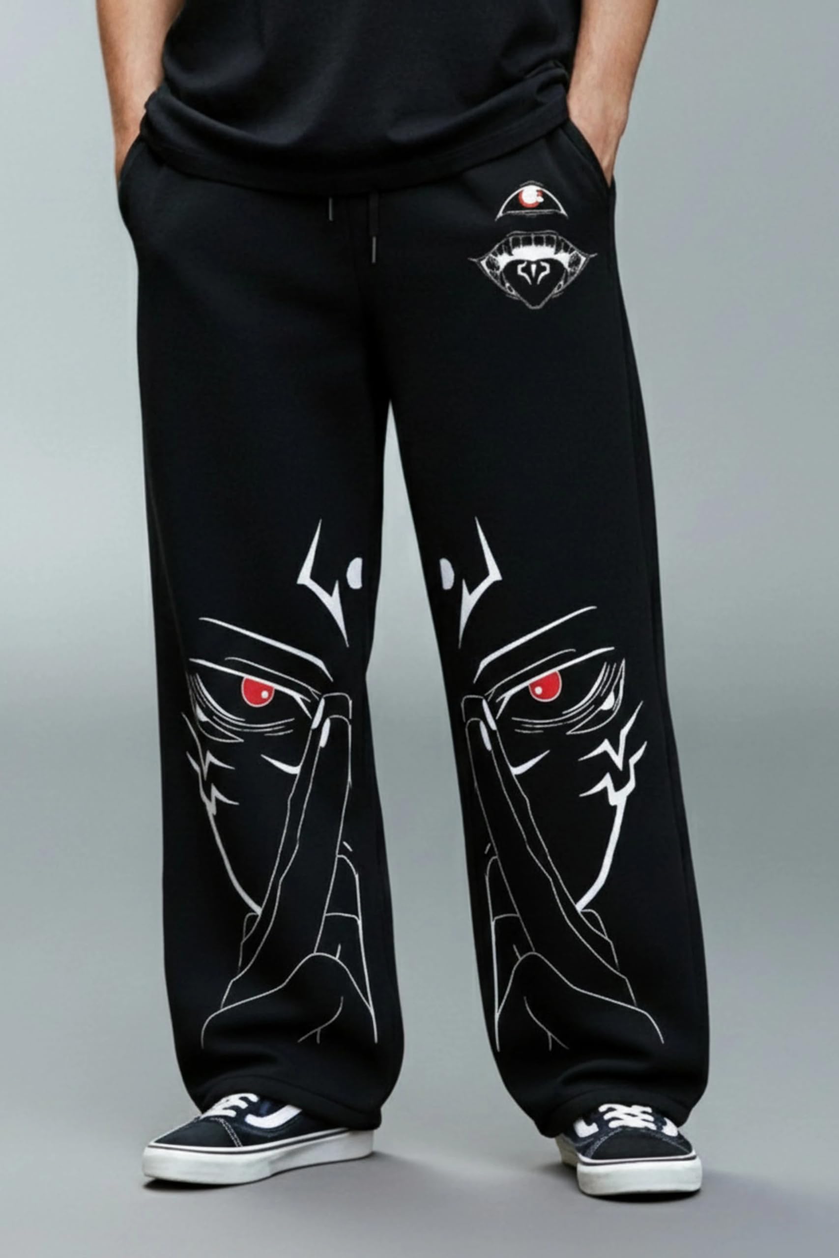 Track Pants, Black with Red Eye Graphic Design, Drawstring Waist, Anime Style Streetwear-image-9