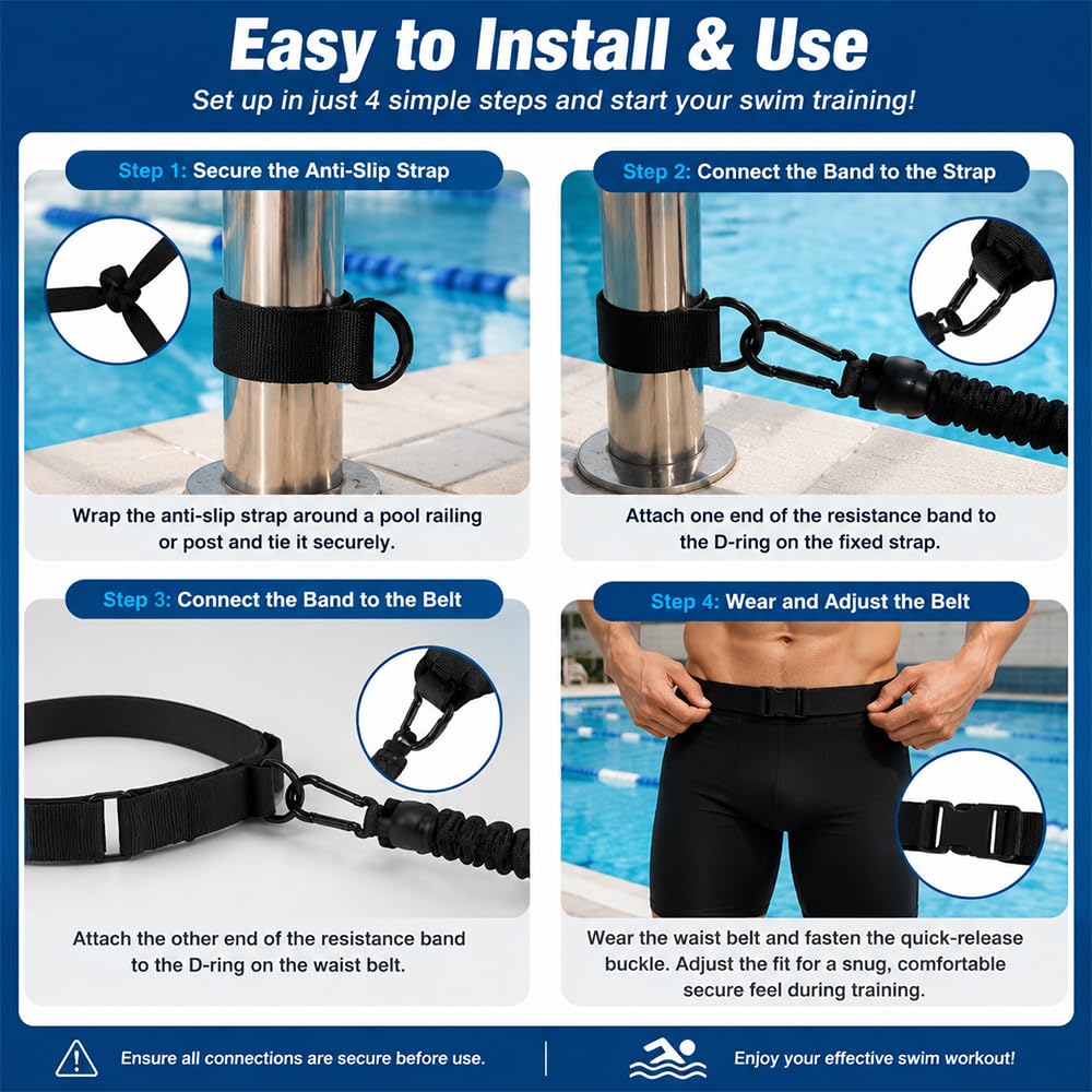Schwimmgurt Pool, Einstellbare Schwimmgurt Pool Erwachsene, Schwimmtrainer mit 2,5-7,5 M Elastischen Gummibändern, Schwimmtrainer Gürtel für Pooltrainer, Erwachsene