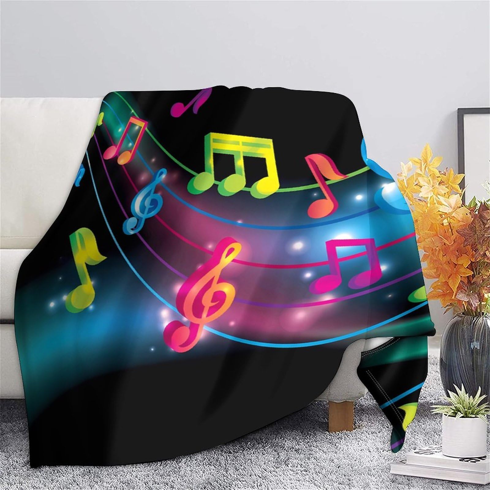 stampa 3D Music notes coperta microfibra biancheria da letto lavabile e anti-pilling coperta da riposo morbida e calda per relax quotidiano Colorful musical design 80×90inch(200x230cm)
