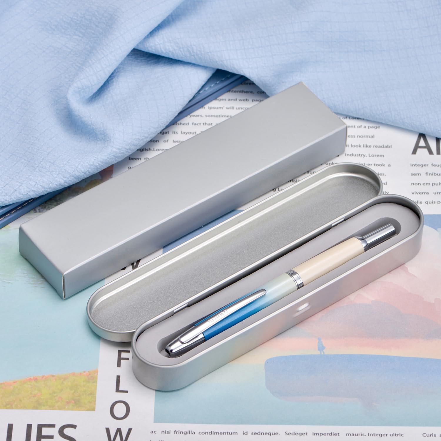 Jinhao 10 Series Press Fountain Pen Gradient Blue Retractable Extra Fine Nib with Ink Converter and Metal Pen Box Set (Silver Clip Version) - Image 4