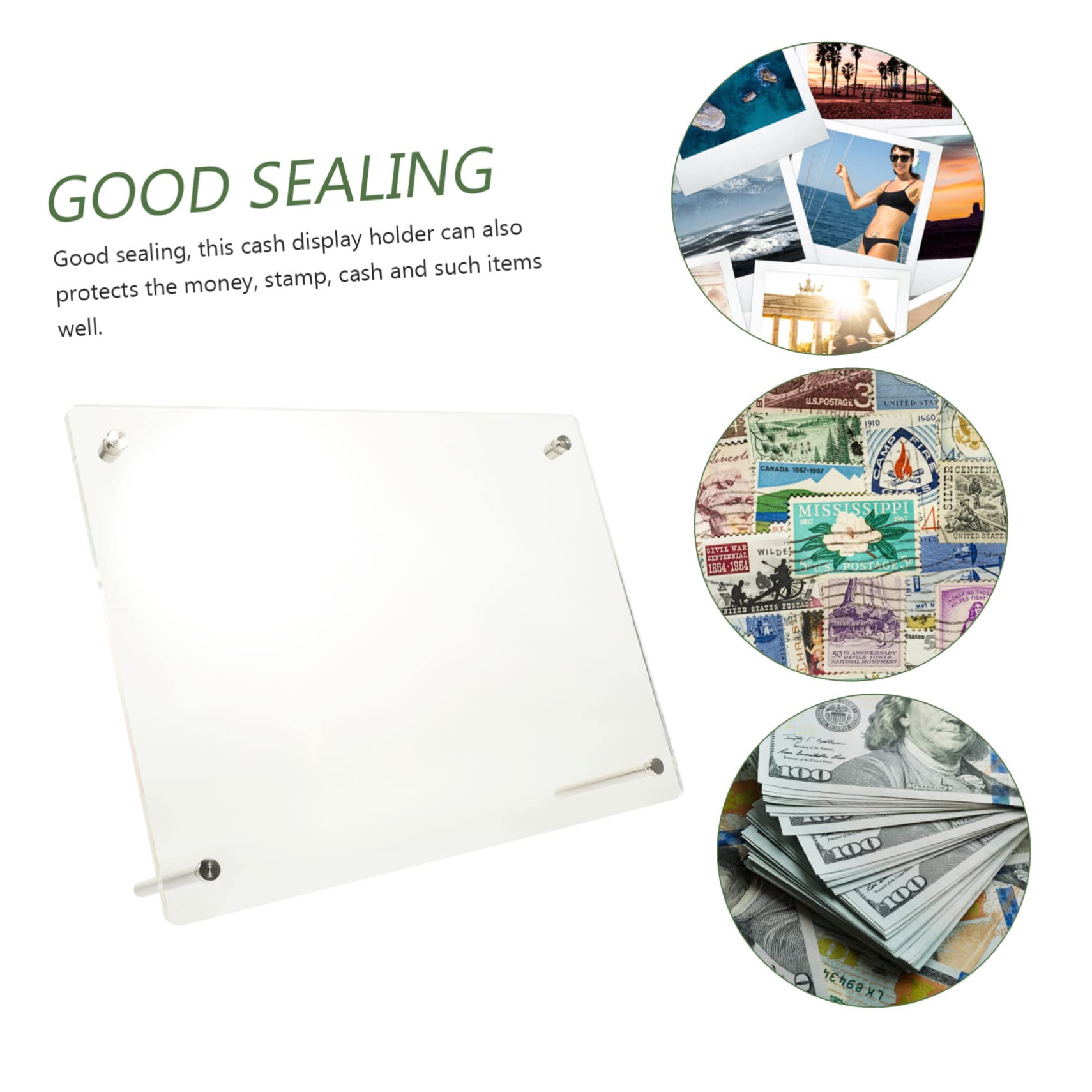 SEWACC Acrylic Cash Display Holder Rack Transparent Organizer Stand for Photos and Stamps Stylish Dual Sided Design with Protective Sealing for Home Office Use