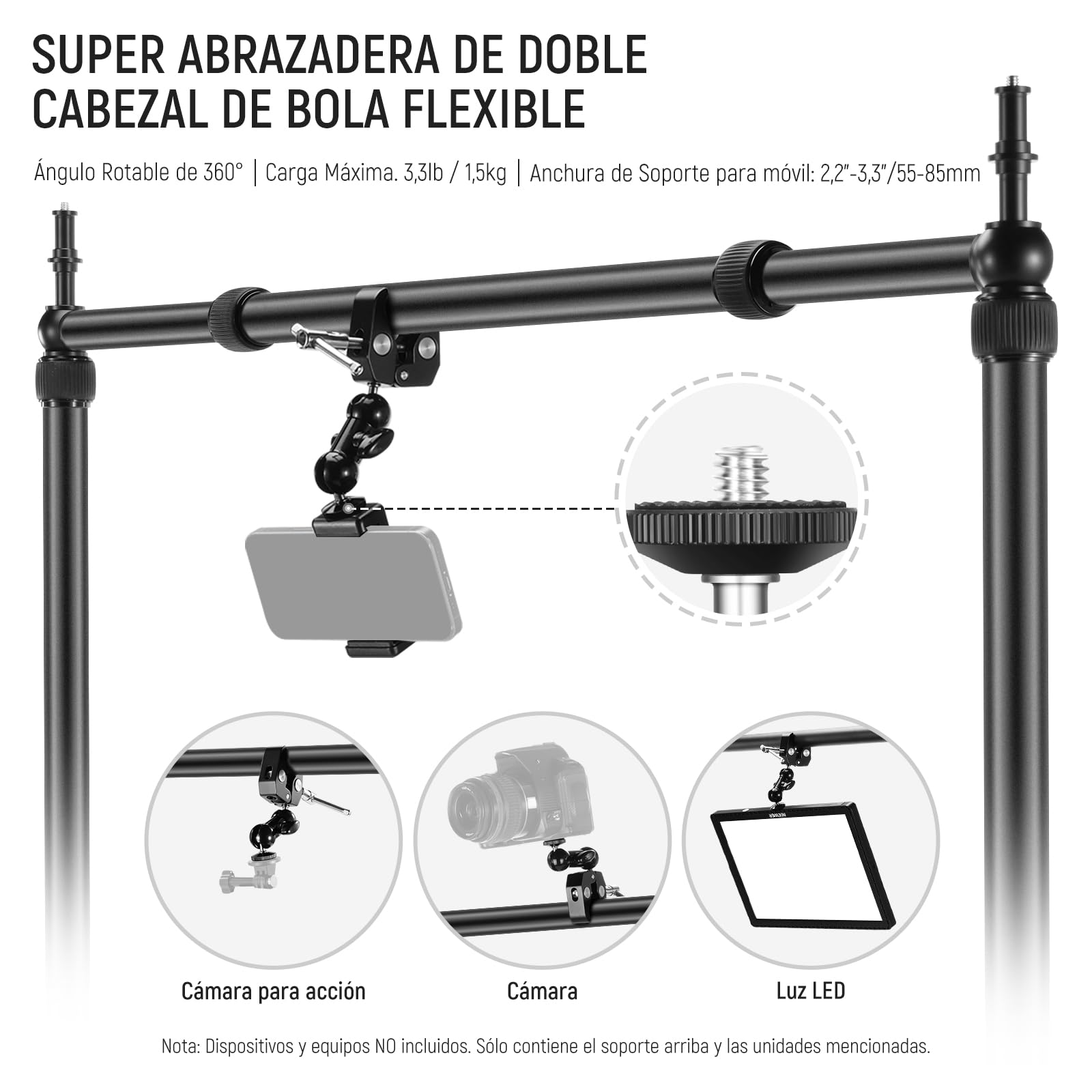 NEEWER NK002 Overhead Camera Mount Rig Platform con Soporte Teléfono/2 Cabezas/Brazos/Super Clamp/Paño para Mic Webcam, Soporte Escritorio Múlti Dispositivo con Ancho Altura Ajustable,Carga 26lb/12kg