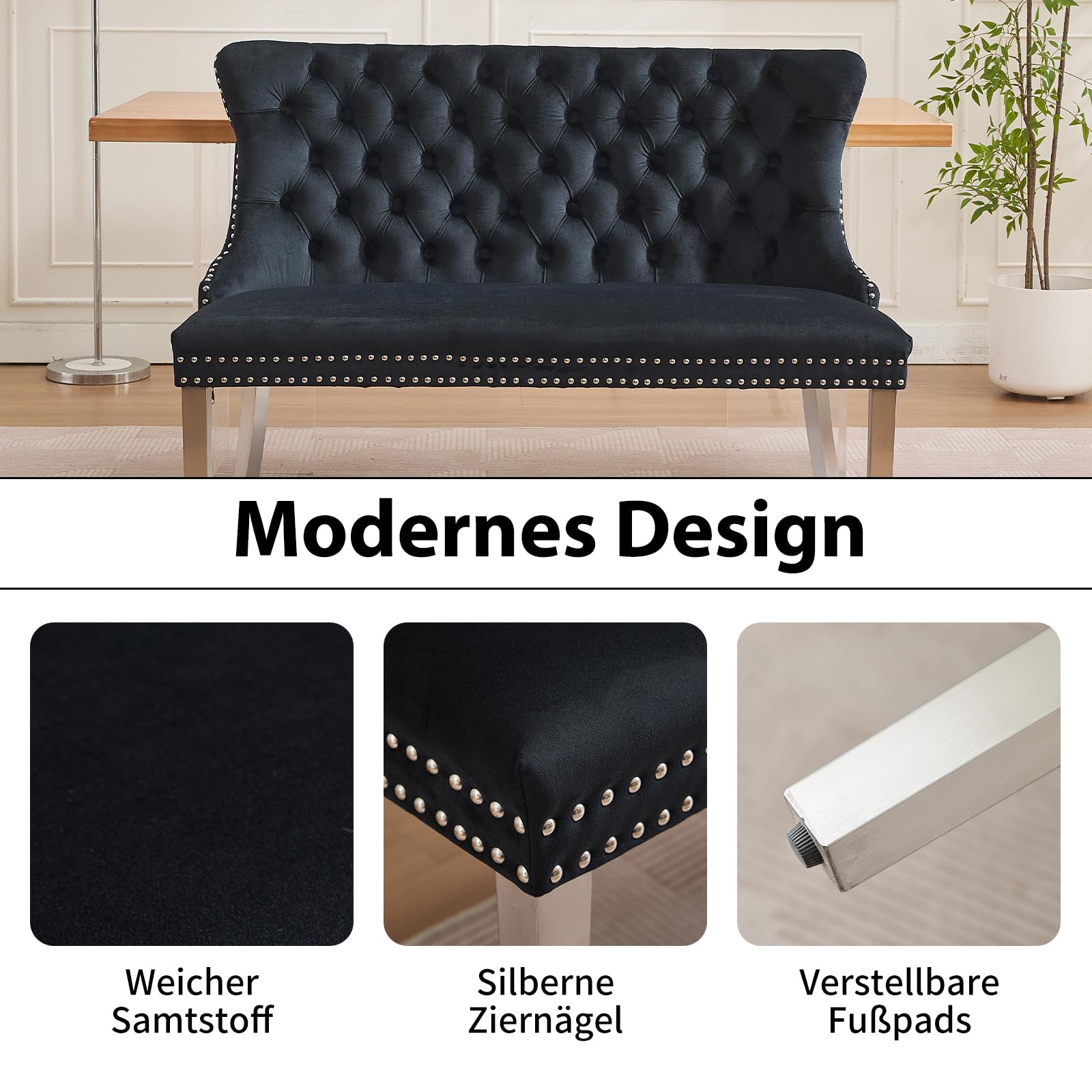 Shenyon Samt-Esszimmerbank mit Rückenlehne, Chesterfield Sitzbank mit Knopfheftung, Silberne Edelstahlbeine mit Ziernägeln, gepolsterte Sitzbank für Esszimmer, Küche & Flur, Schwarz
