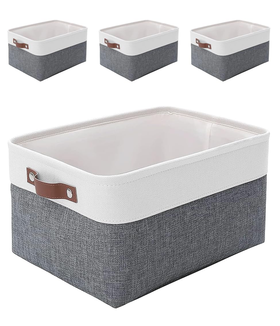 MANGATA Storage Baskets, Fabric Storage Boxes, Cold Grey&White (Large, 4Pack)