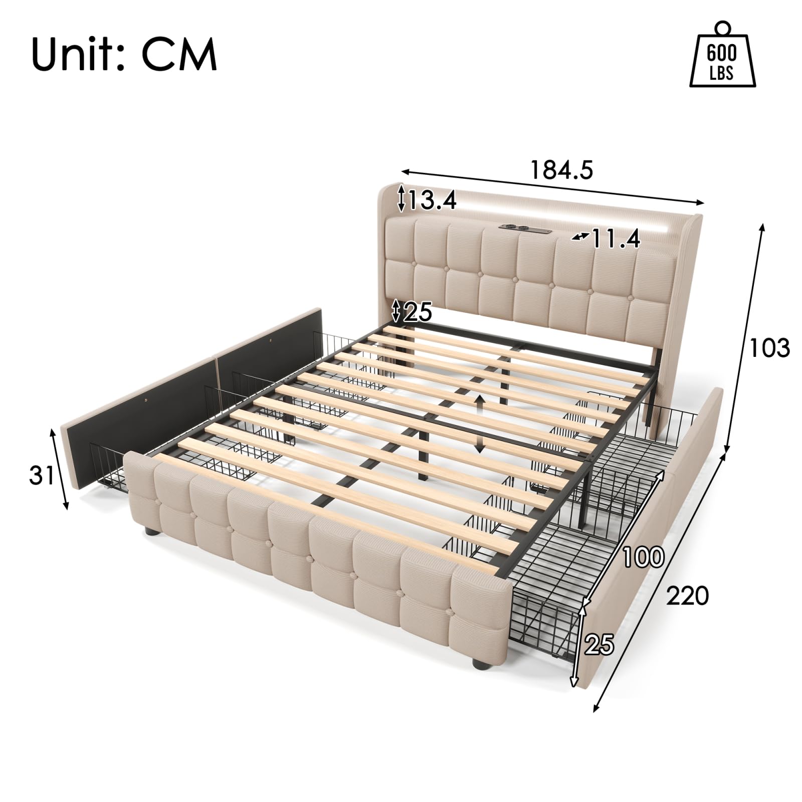 Gestoffeerd Bed 180x200 Cm Zonder Hoofdeinde - Hydraulisch Zwevend Frame Led Geintegreerde Opbergruimte Grijs Linnen Zonder Matras