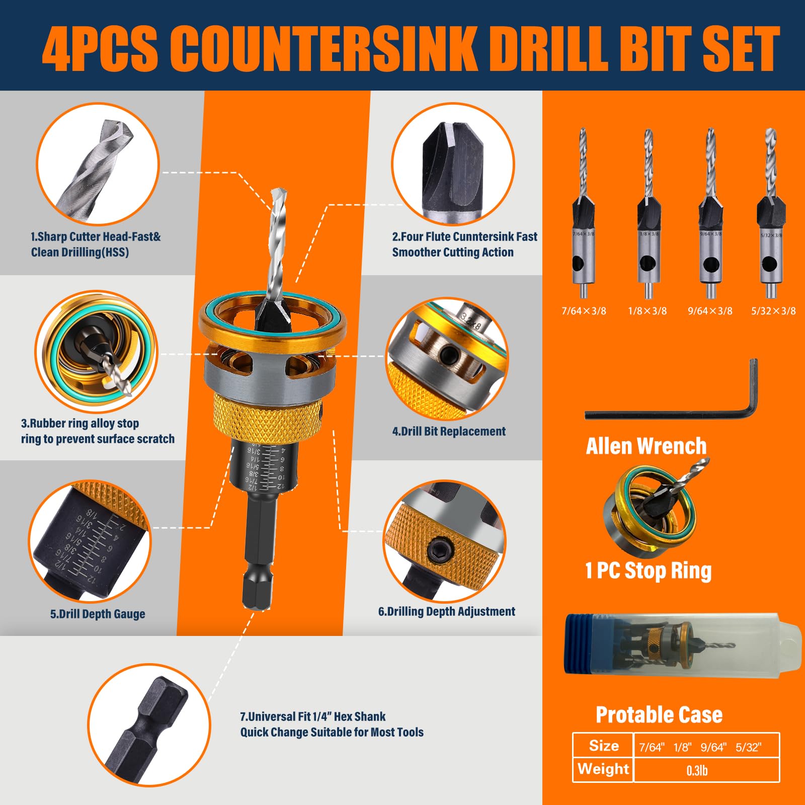 Countersink Drill Bit Set with Depth Stop 4PCS, HCS Four Blades Countersink Bits with Adjustable Depth Stop and L Shape Wrench, Wood Countersink Bit Set for Wood, Plastic, Woodworking