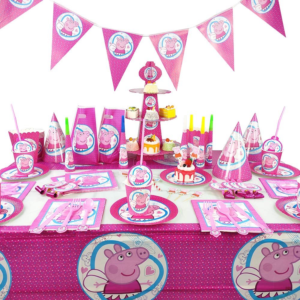 Peppa Pig Birthday Decorations Tableware Set for 10 Kids – Pink Party Supplies with Plates Cups Cutlery Banner Hats Masks Party Favors – Peppa Theme Party Kit for Girls & Boys