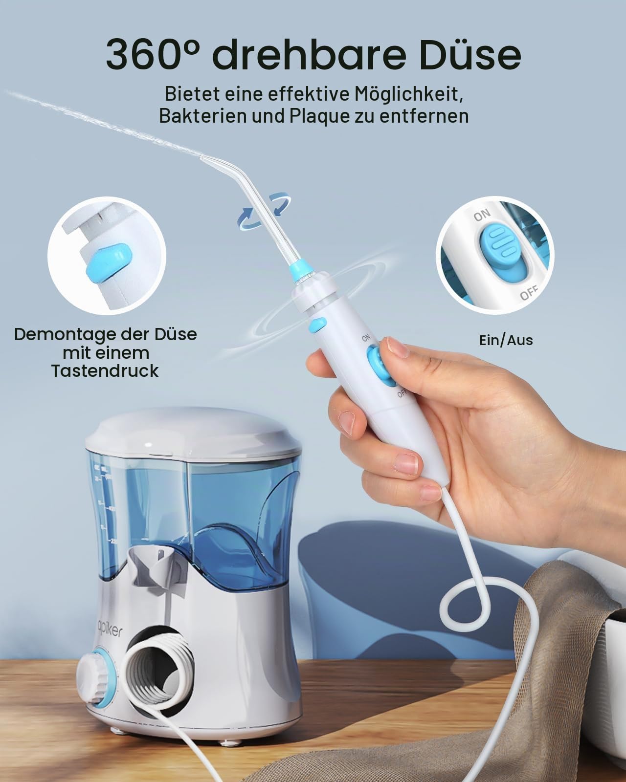 Apiker Munddusche​​ mit 10 Druckstufen– ​​Power Water Flosser​​ mit 8 Düsen (Zahnspange/Zunge/Nase) –5x Stärker als Zahnbürsten– 600ml Zahndusche ​​Mundspülung Elektrisch & ​​Oral Irrigator