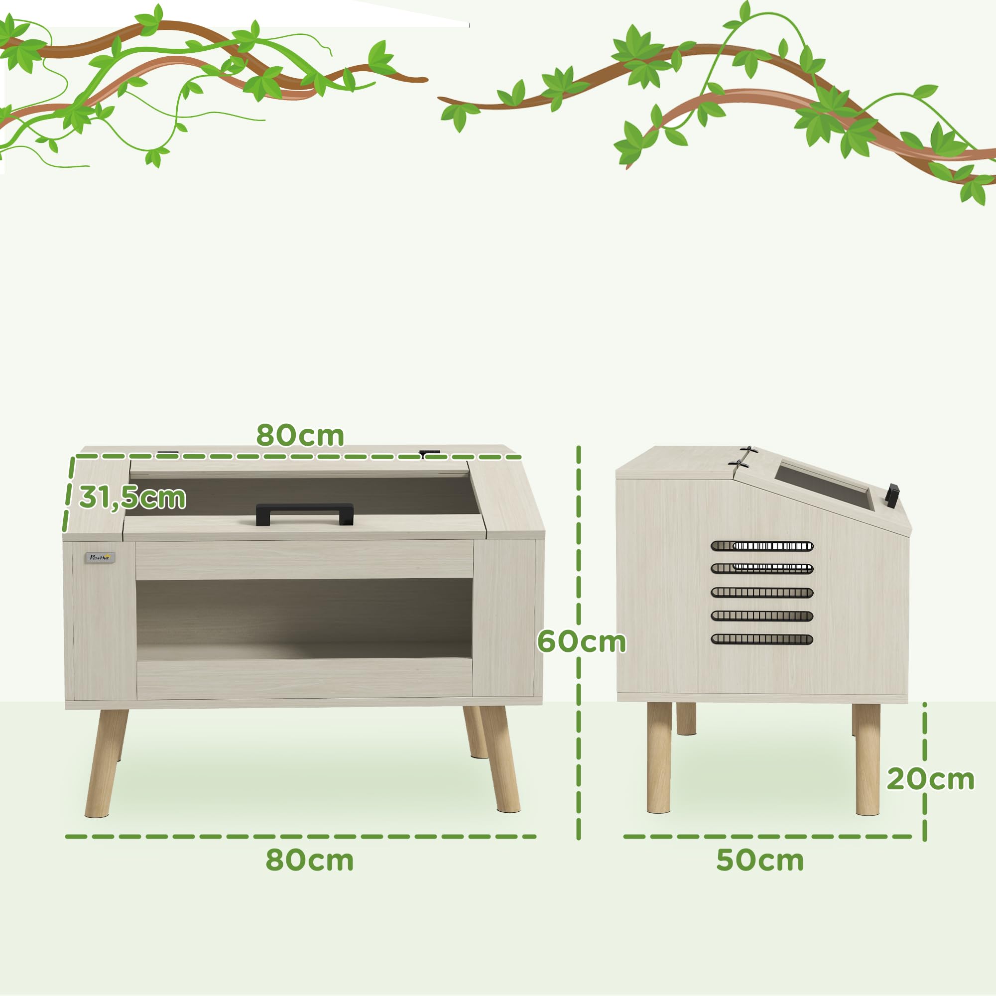 PawHut Terrario per rettili con ventilazione laterale, vivarium per serpenti da 111L con finestre in vetro temperato, coperchio, 80 x 50 x 60 cm legno naturale