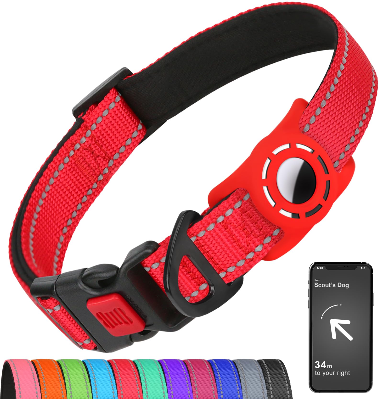 Airtag Dog Collar with AirTag Holder for Medium Dogs, Reflective, Soft Padded & Safety Locking Buckle, Nylon Pet Collars Adjustable for All Breeds, Red,M