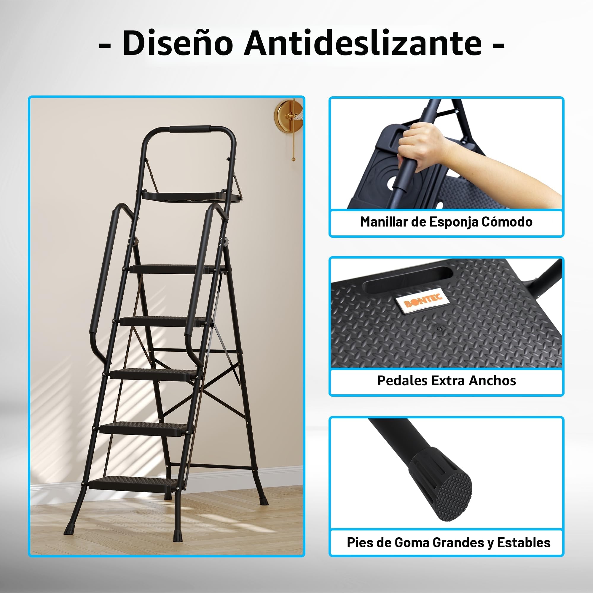 BONTEC Escalera Plegable de 5 Escalones con Bolsa y Bandeja, Pedales Anchos Antideslizantes, hasta 150 kg, con Pasamanos para Cocina, Despensa, Armarios y Garaje, Negra