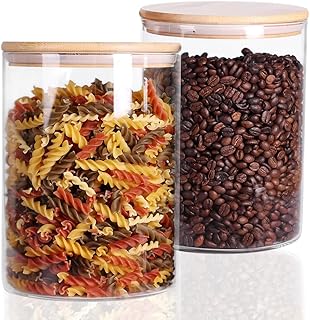 CZFWin Set of 2 Glass Flour Container with Airtight Bamboo Lid, Large Food Jar with Wooden Lid for Storage Flour, Sugar, Cookies, Rice, Coffee Beans(3L)