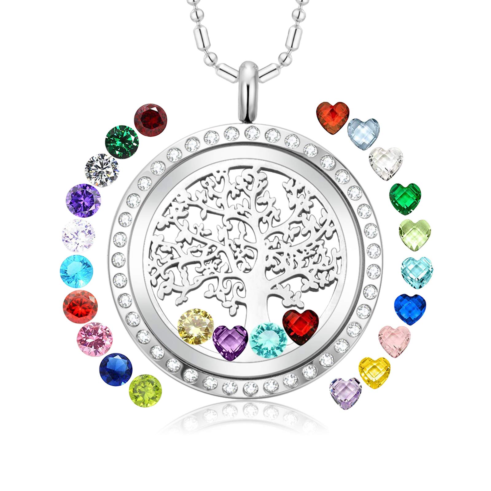 AZNECKAZNECK Family Tree of Life Floating Charm Locket Necklace for Women with Birthstones Living Memory Pendant DIY Stainless Steel Jewelry Mothers Gifts
