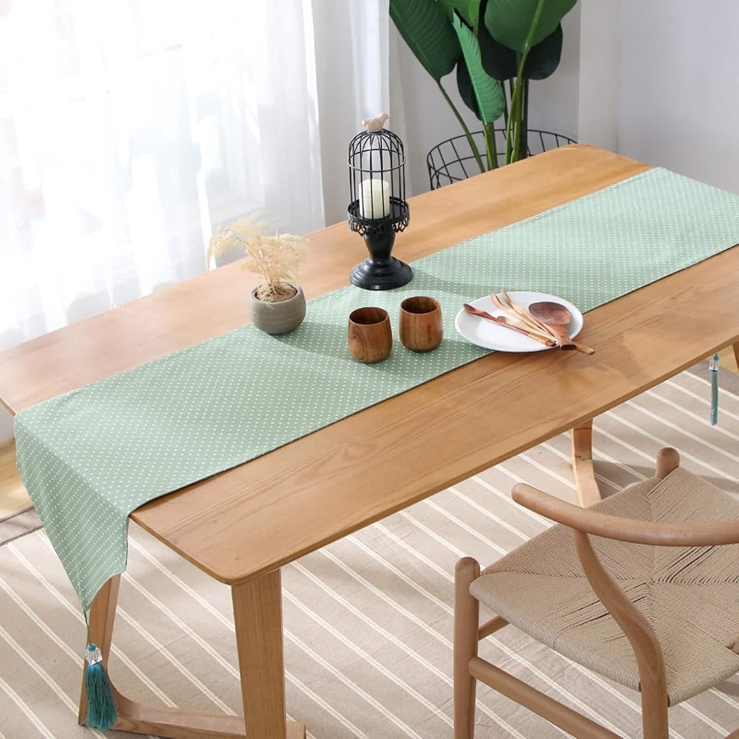 Runners for Tables Party, Fall Table Runner Green 13.2x56 Inches Simple Dot Cotton Dining Room Kitchen Living Room Decor