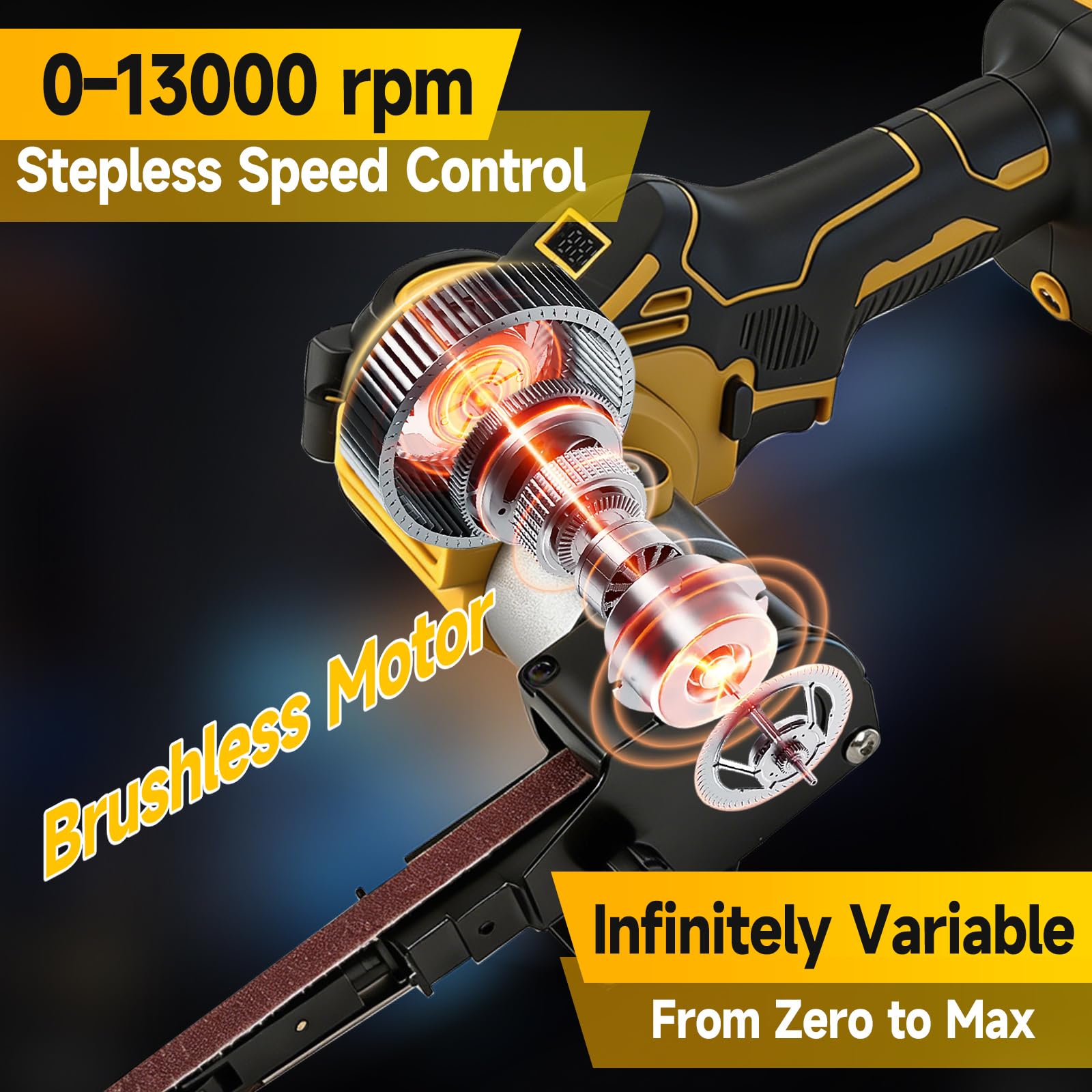 Akku Bandschleifer Kompatibel mit Dewalt 18/20V, 13.000 U/min Bürstenloser 360° Einstellbarer Akku Bandfeile mit Schleifarme 9 mm&13 mm, 20 Schleifbänder für Holz Metall Kunststoff