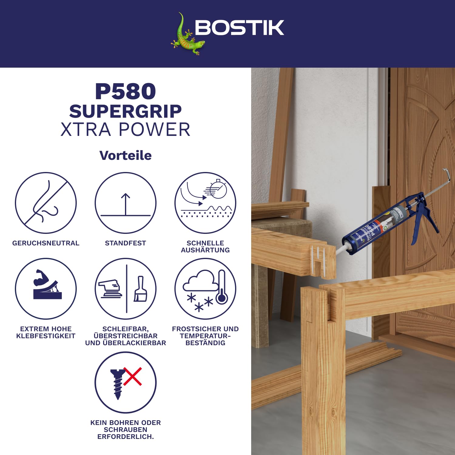 Bostik P580 Supergrip Xtra Power beżowy klej montażowy PU (435 g), wkład 290 ml