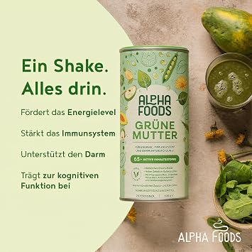 Green Mother 2.0 - The Original - Greens Shake - Acacia Fiber Powder Wheatgrass Nettle Milk Thistle Alfalfa Chlorella and More - Smoothie Shake - 600g Powder Alpha Foods