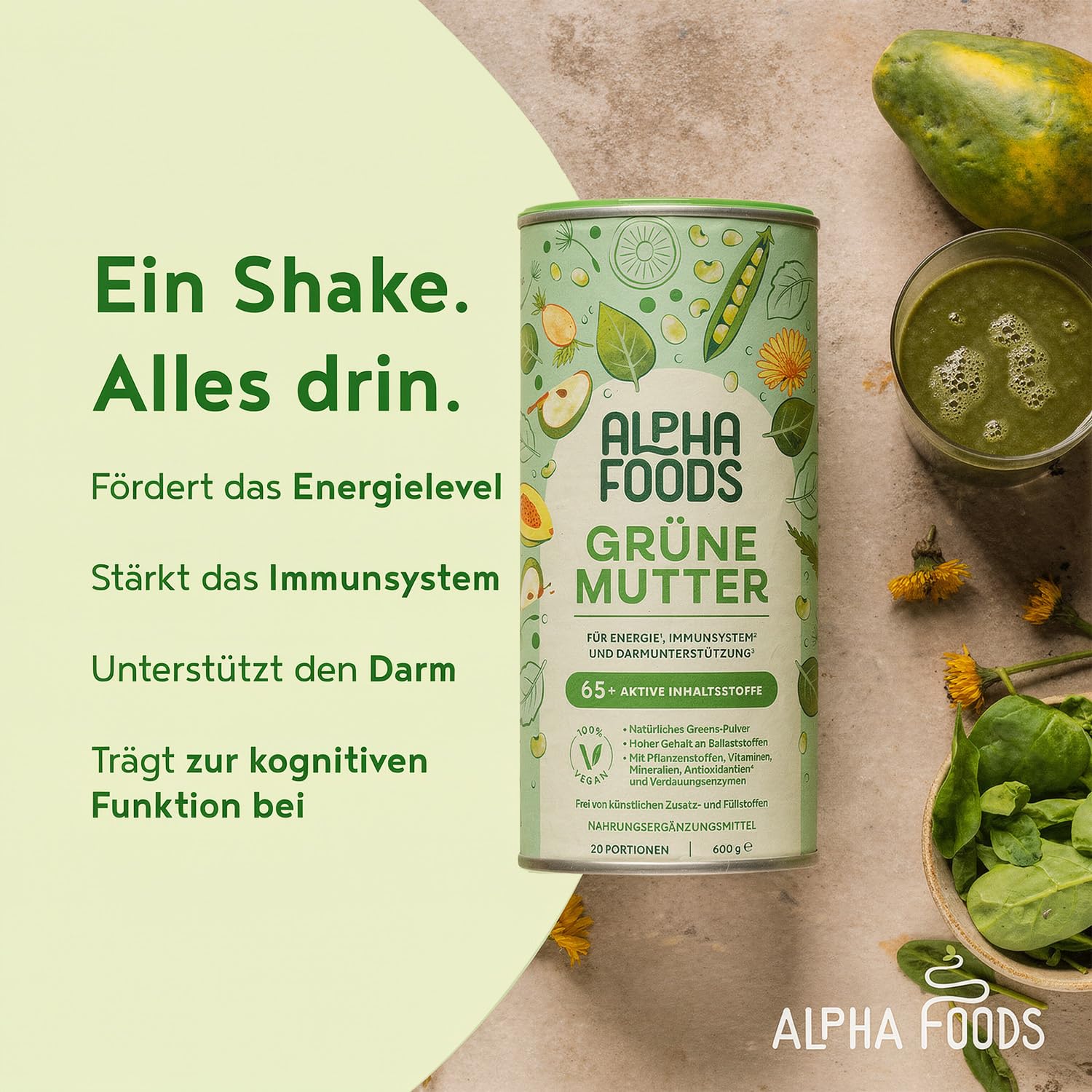 Grüne Mutter 2.0 - Das Original - Greens Shake - Akazienfaserpulver, Weizengras, Brennnessel, Mariendistel, Alfalfa, Chlorella und mehr - Smoothie Shake - 600g Pulver - Alpha Foods