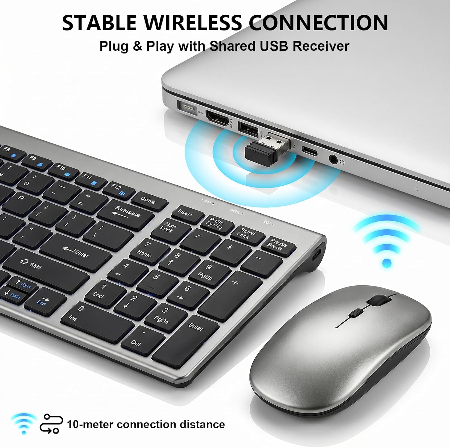 Wireless Keyboard and Mouse Ultra Slim Combo, Silent Low-Profile, Rechargeable Mice Keyboard Set, Switch Scissor Switch Design, 2.4 G for Laptop PC Windows Mac, Business Office Work Home use, Grey
