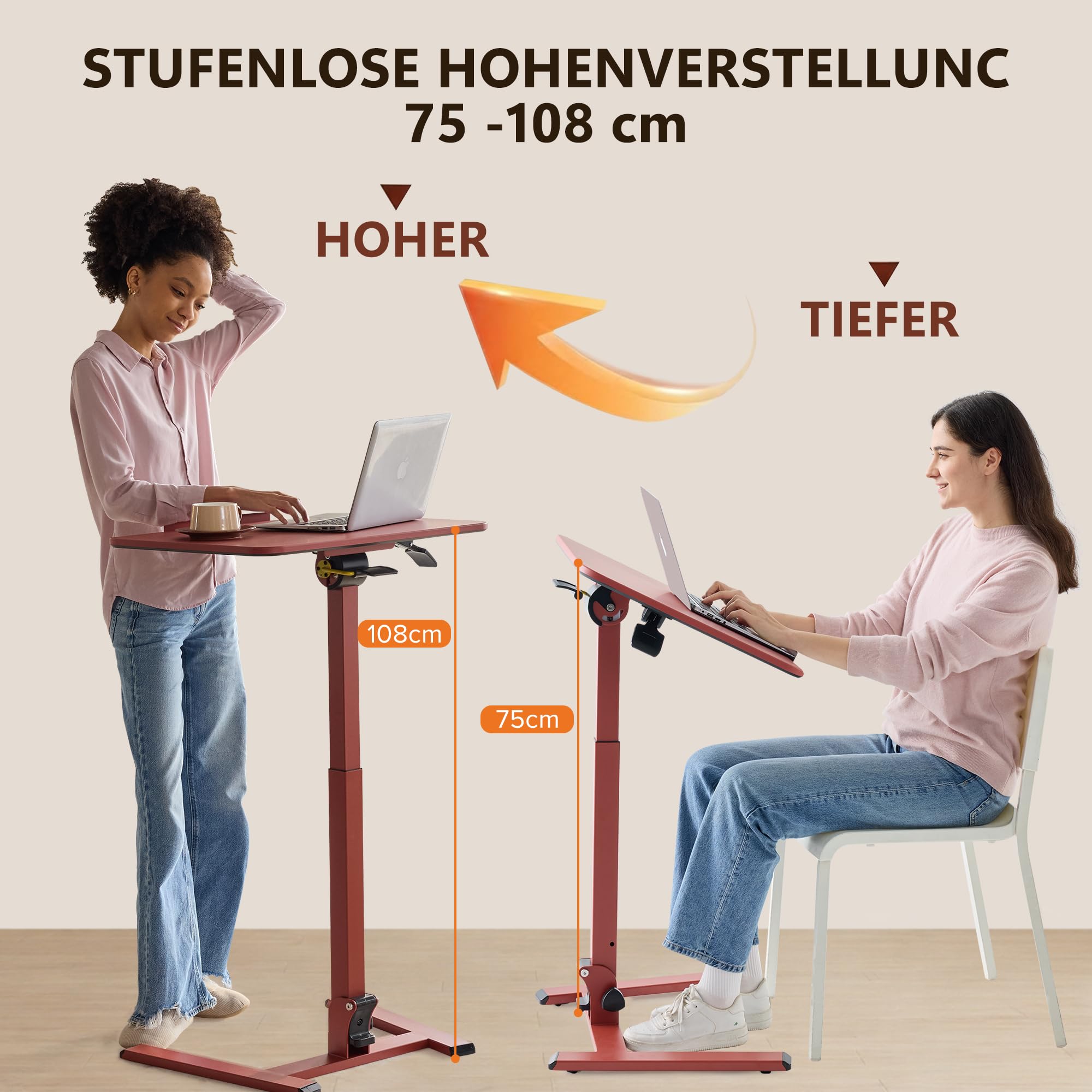 MUSSO AnyDesk D7 mobilny stolik pod laptopa z regulacją wysokości (75-108 cm), składany pulpit stojący z blatem o nachyleniu 0-90°, ergonomiczny stolik pomocniczy (bordowy, 1 sztuka)