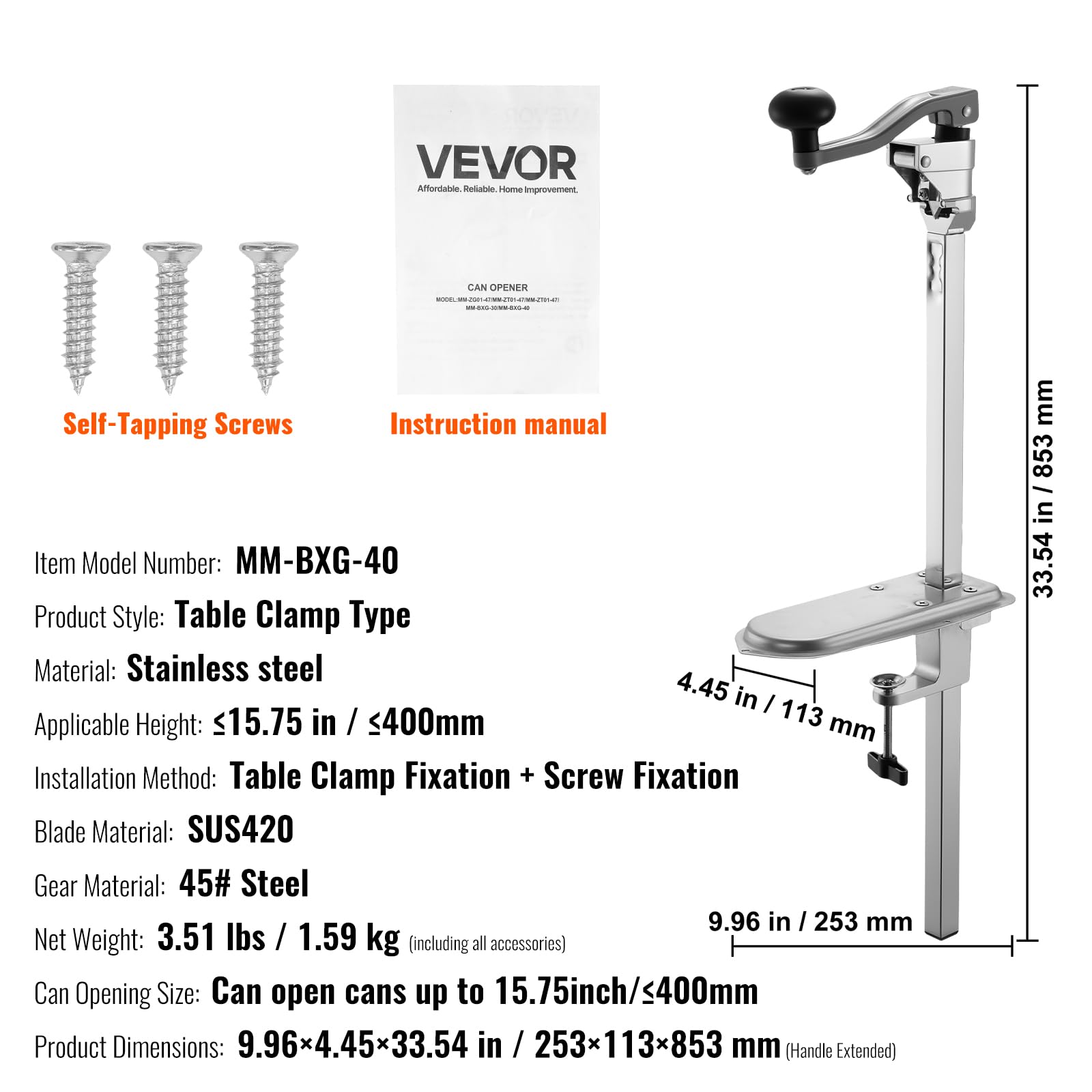 VEVOR Ouvre-boîte manuel professionnel, pour canettes jusqu'à 40 cm de hauteur, ouvre-canette de table robuste en acier inoxydable réglable en hauteur, fixé par vis et pince, pour restaurant, épicerie